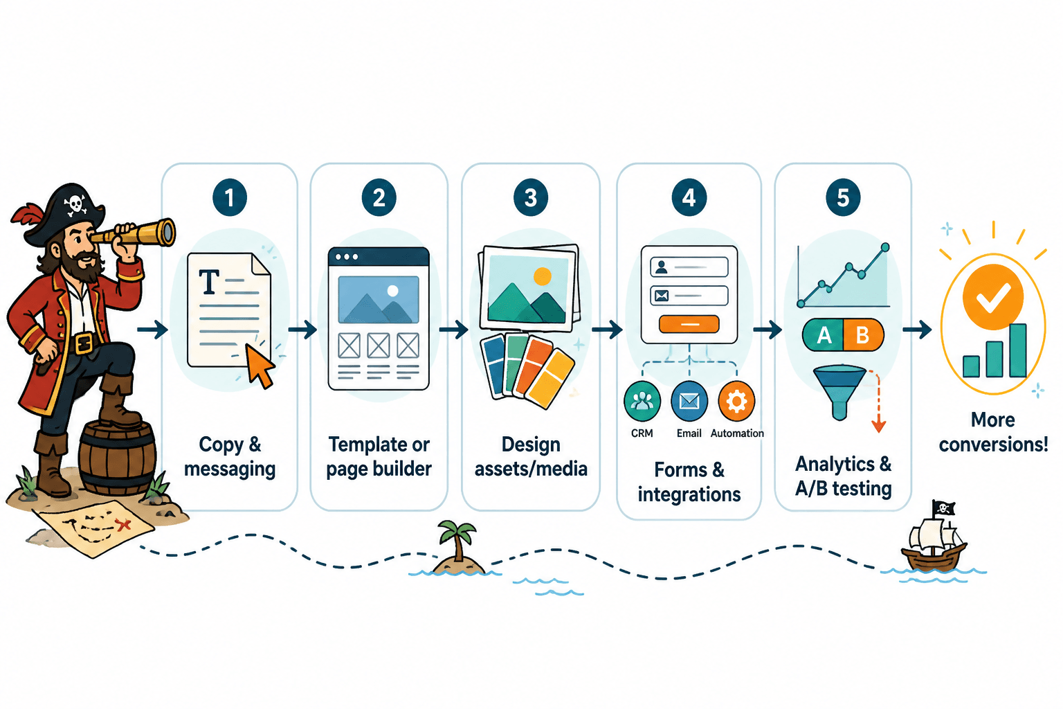 Flowchart of a landing page tool stack from copy and design to forms, CRM, and analytics.
