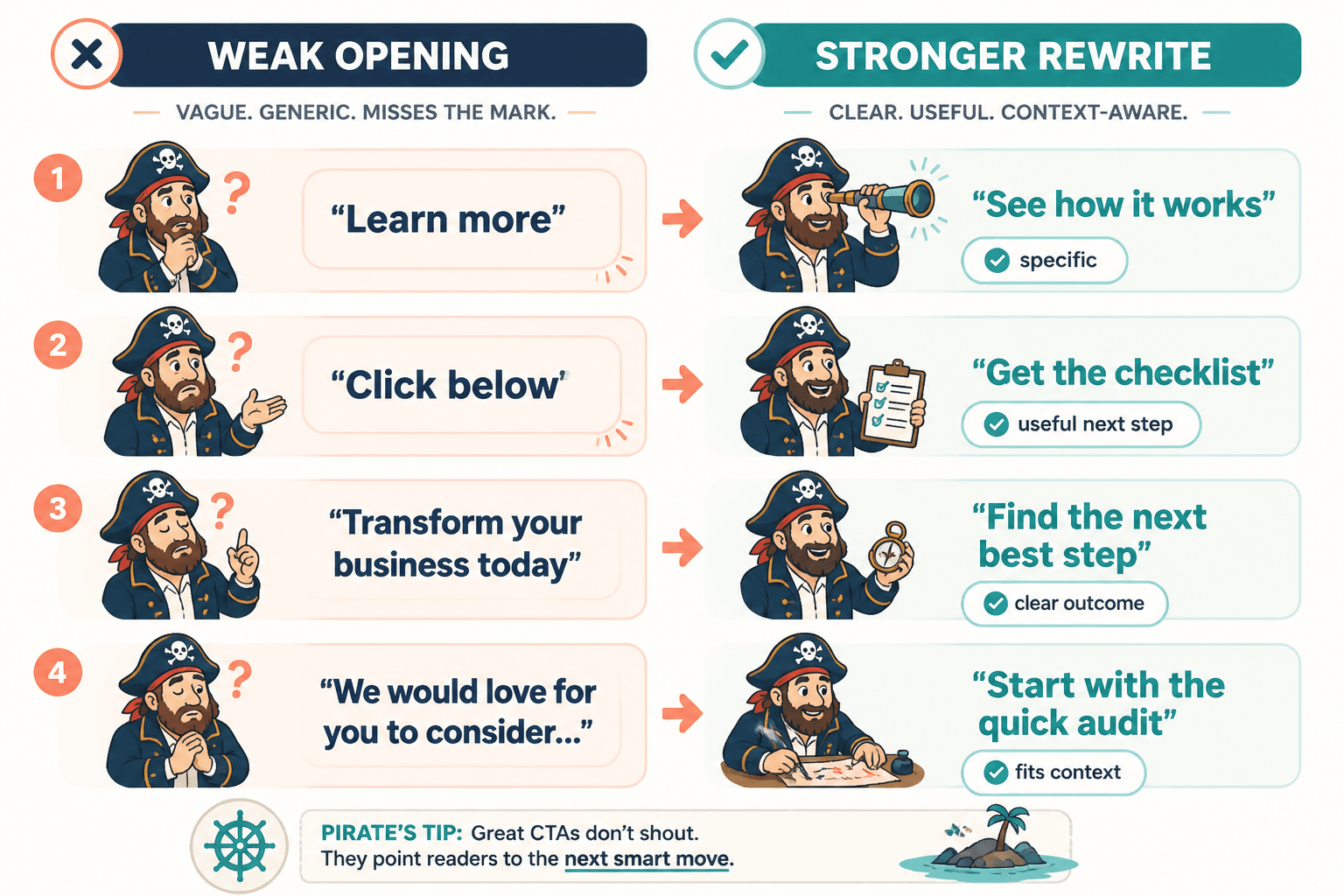 Side-by-side examples of weak CTA openings rewritten into clearer, more useful versions