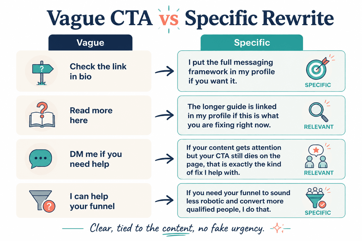 Comparison of vague CTAs and clearer creator-friendly rewrites