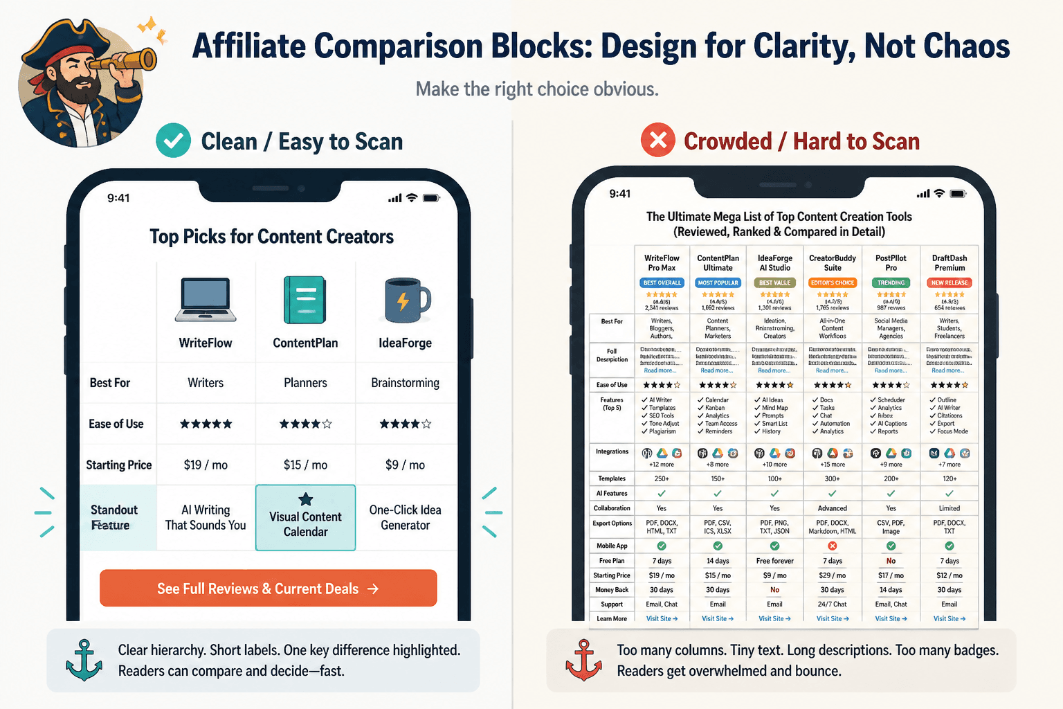 Side-by-side clean and crowded comparison blocks on mobile screens