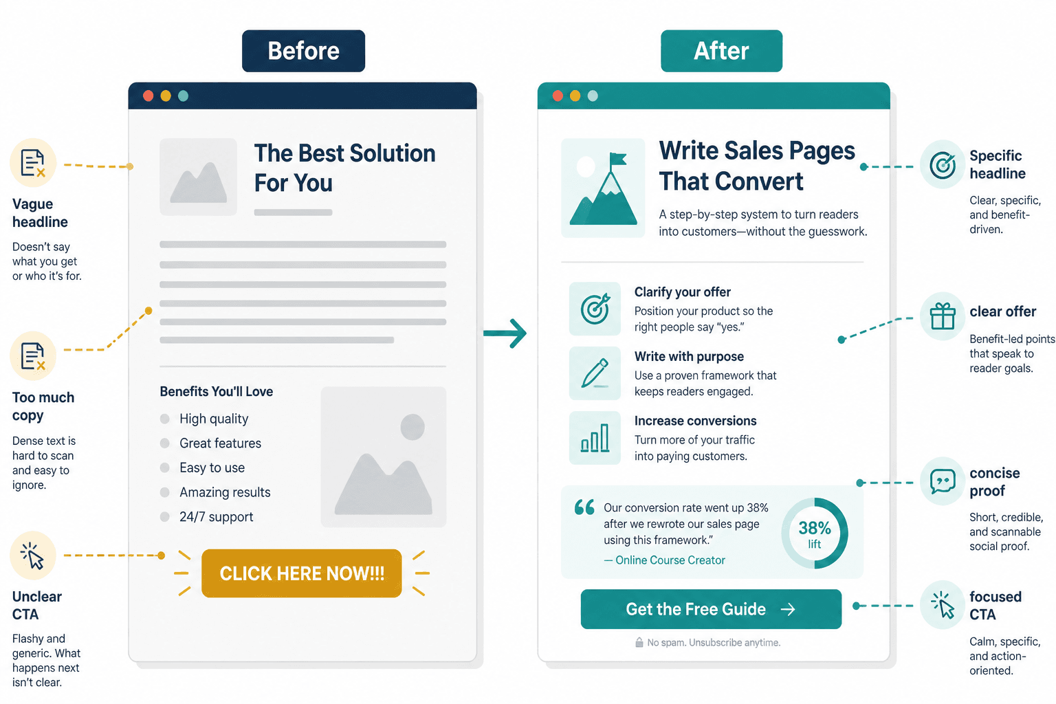 Before-and-after sales page copy comparison