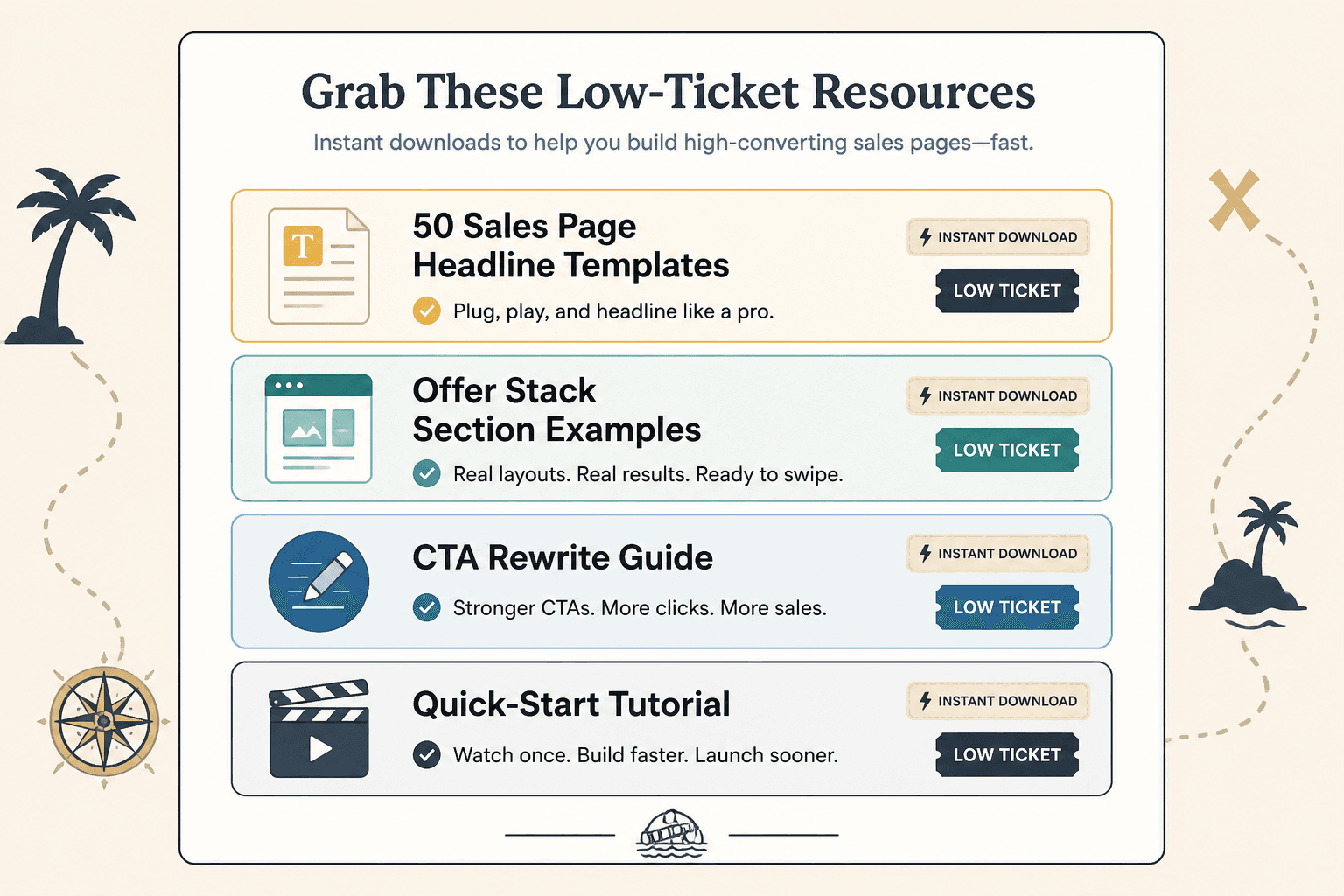 Mock sales page section with four stacked offer cards and short benefit lines