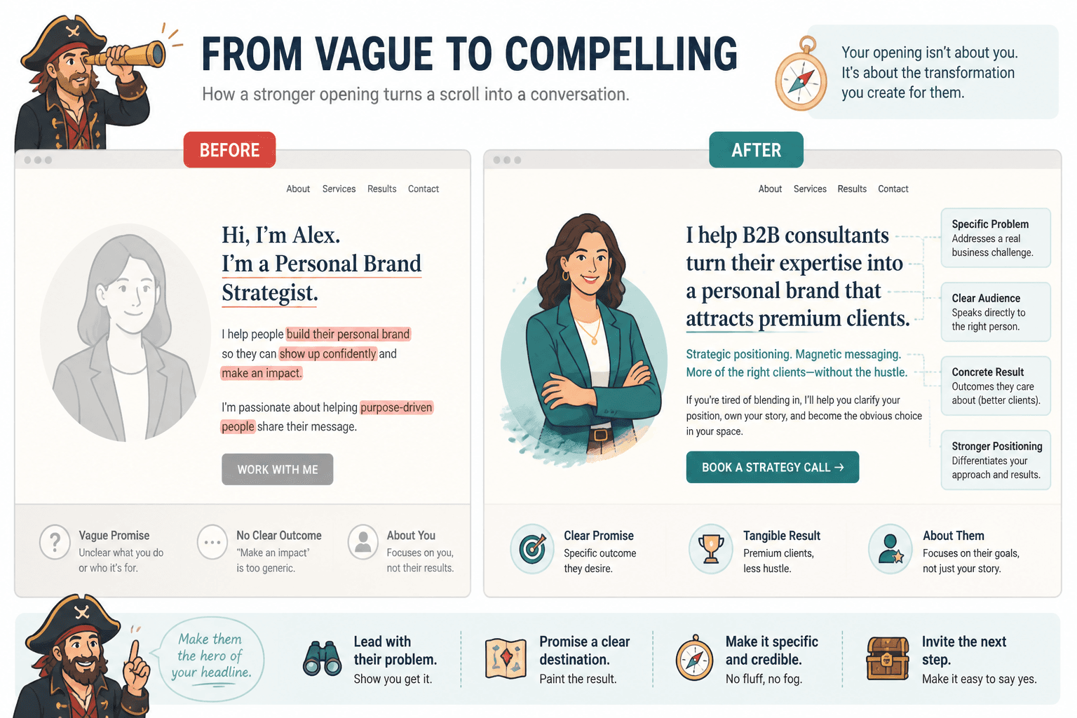 Side-by-side mockup of vague and improved sales page openings with callout highlights