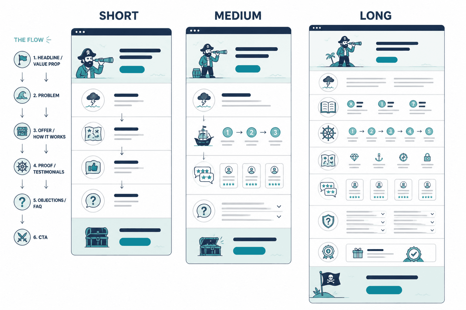 Wireframe comparison of short, medium, and long sales page section flow