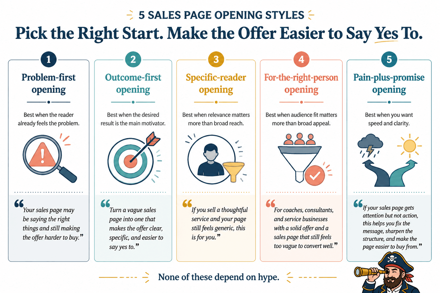 Comparison chart of five sales page opening styles and when to use each