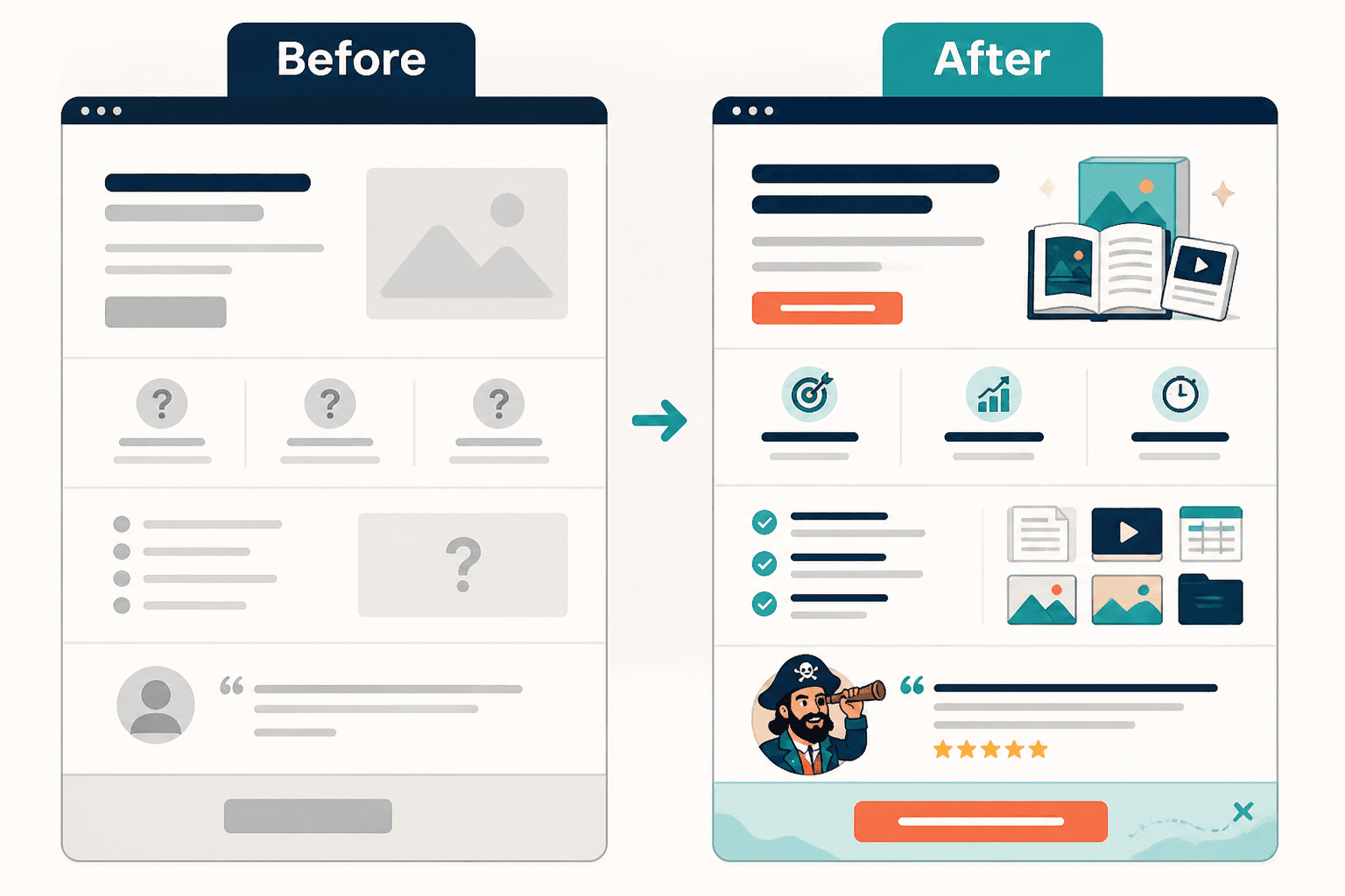 Side-by-side weak and strong sales page section examples