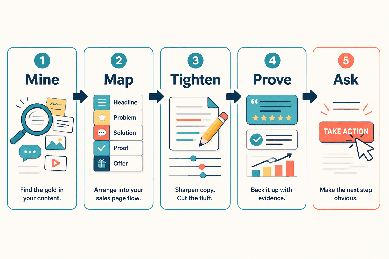 Five-step workflow: Mine, Map, Tighten, Prove, Ask