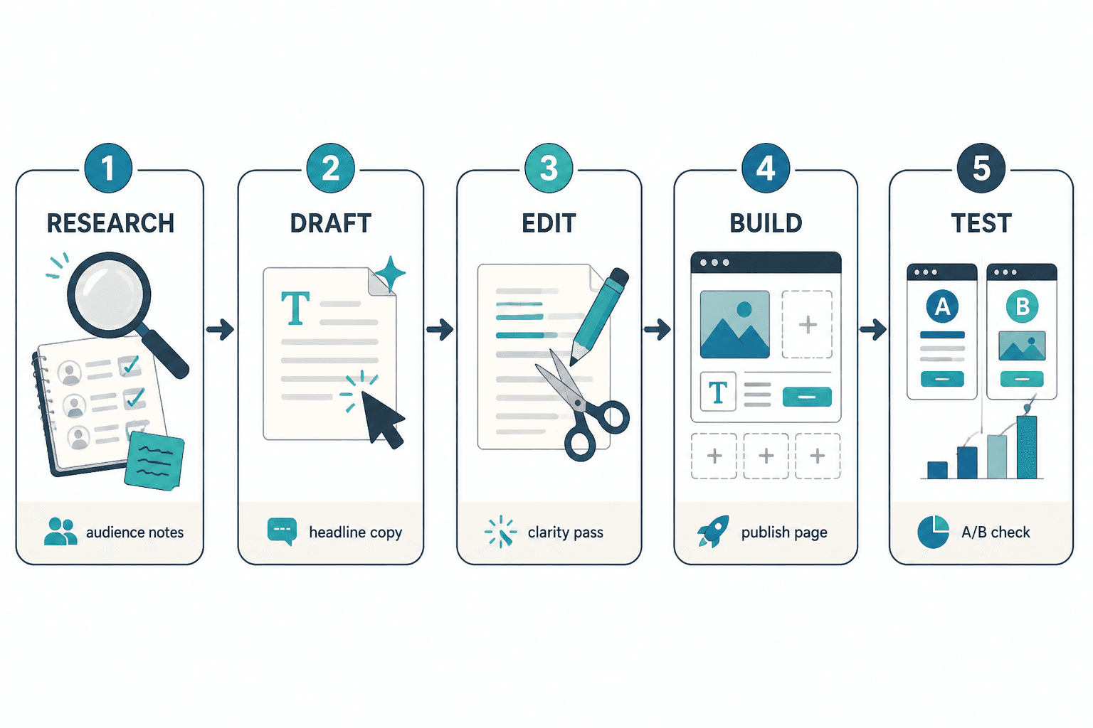 Workflow diagram of AI sales page process from research to testing