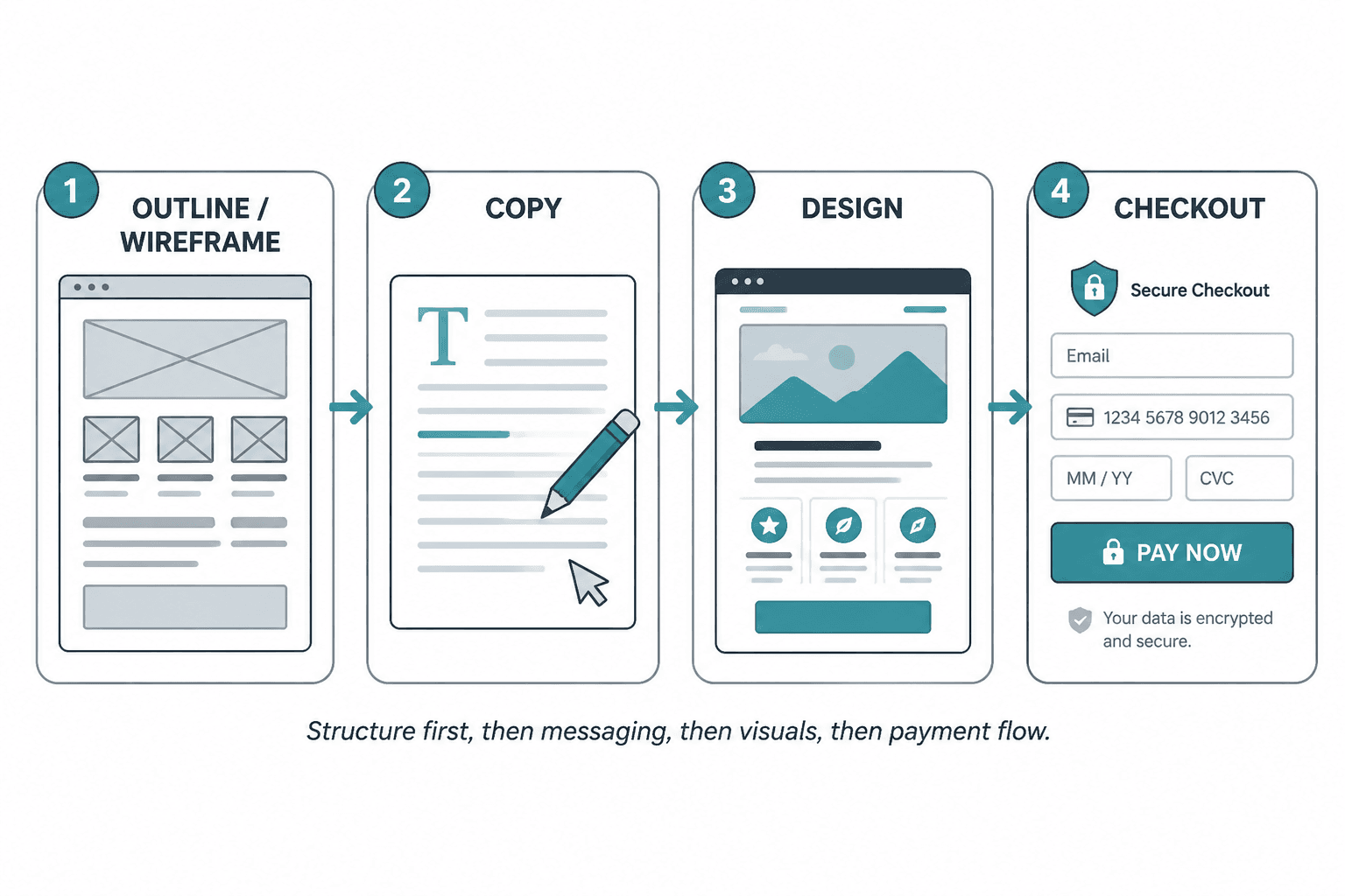 Workflow from outline to copy to design to checkout