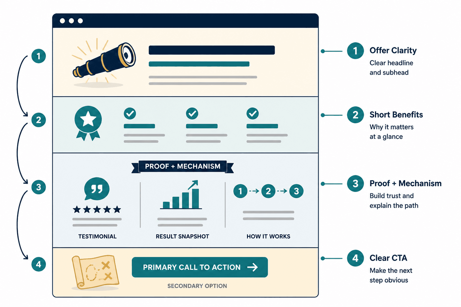 Annotated sales page wireframe showing offer clarity, proof, mechanism, and CTA