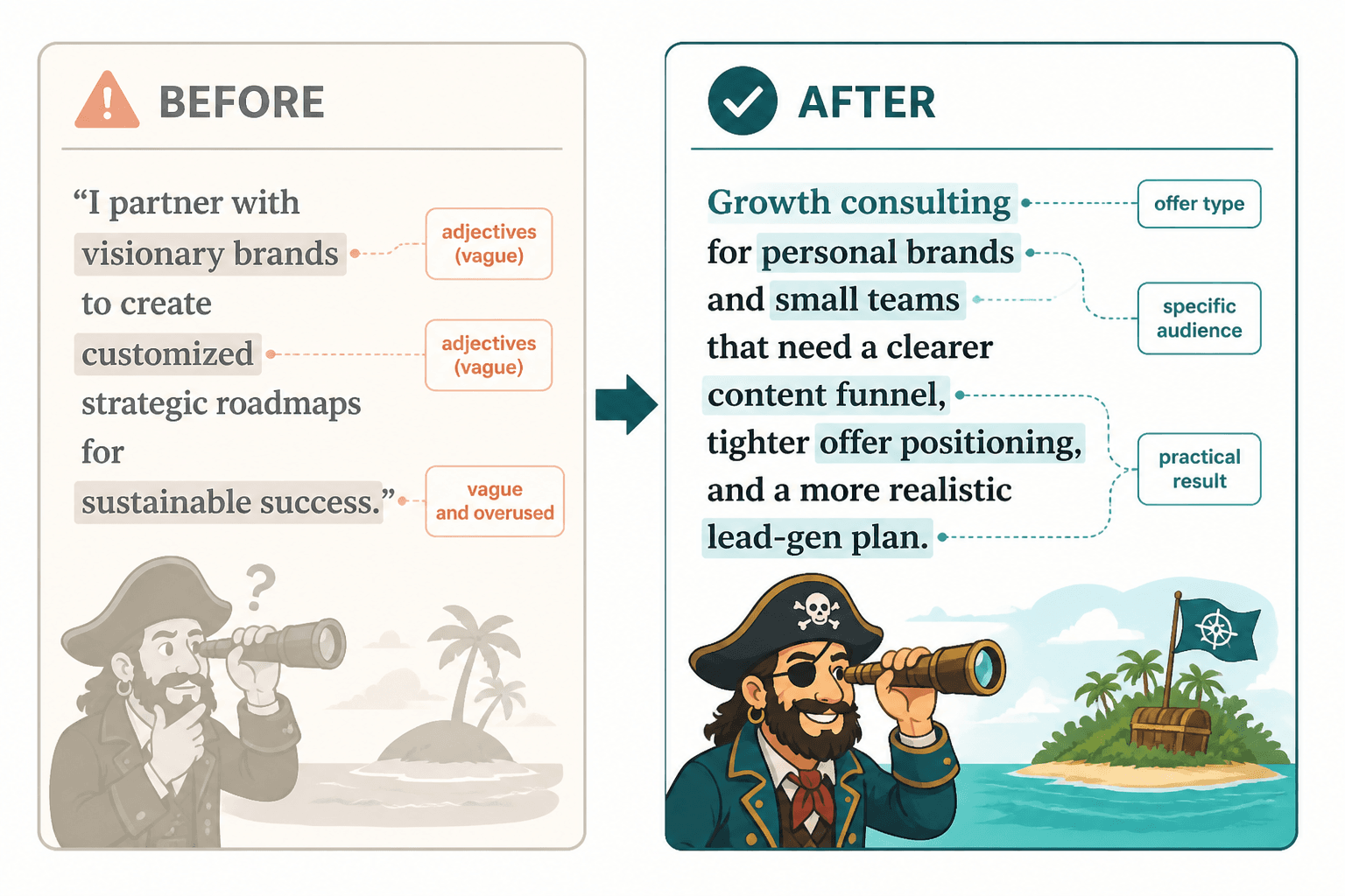 Side-by-side rewrite showing vague copy replaced with buyer-focused phrasing