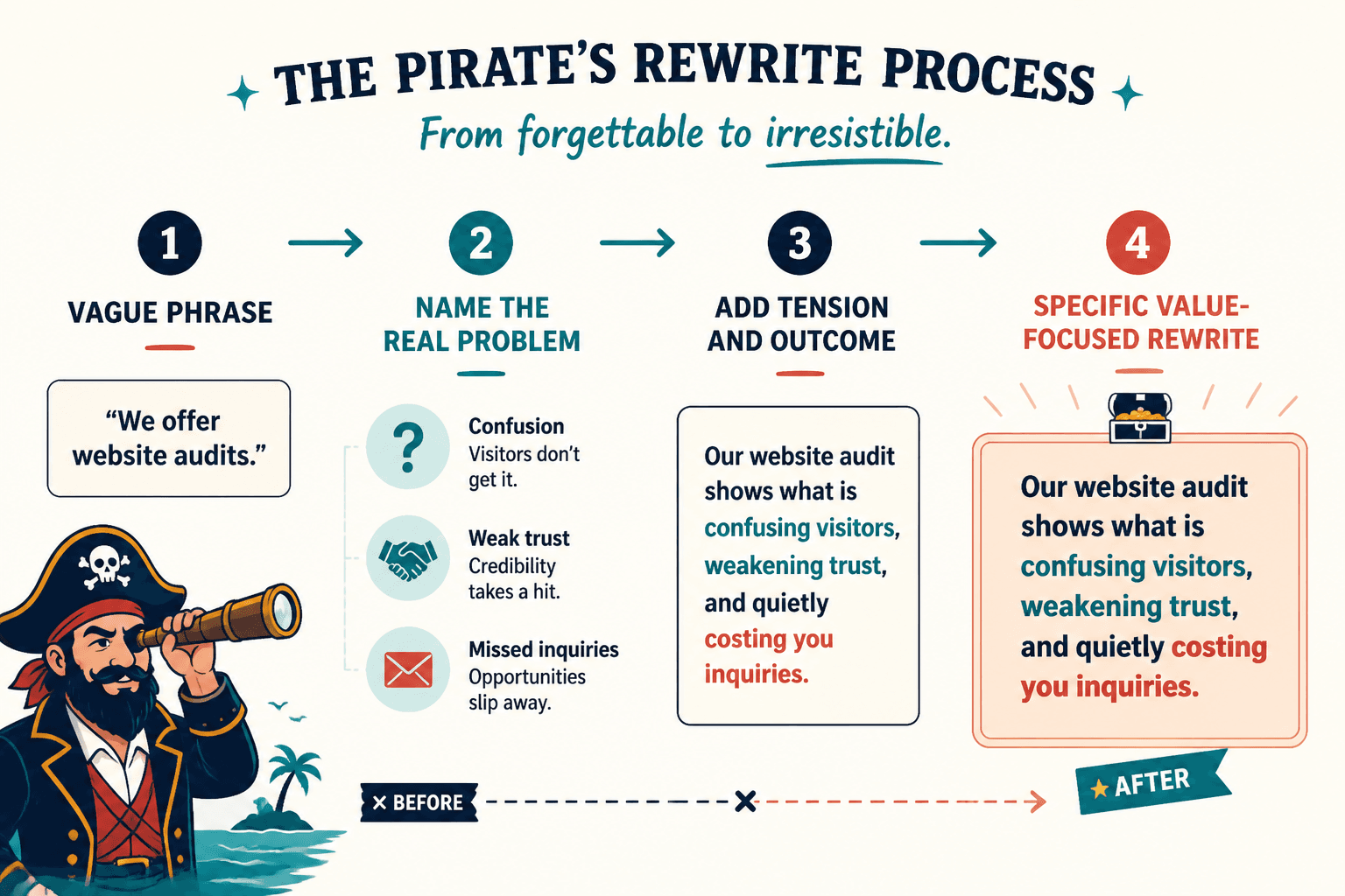 Flow from vague description to specific, value-focused rewrite