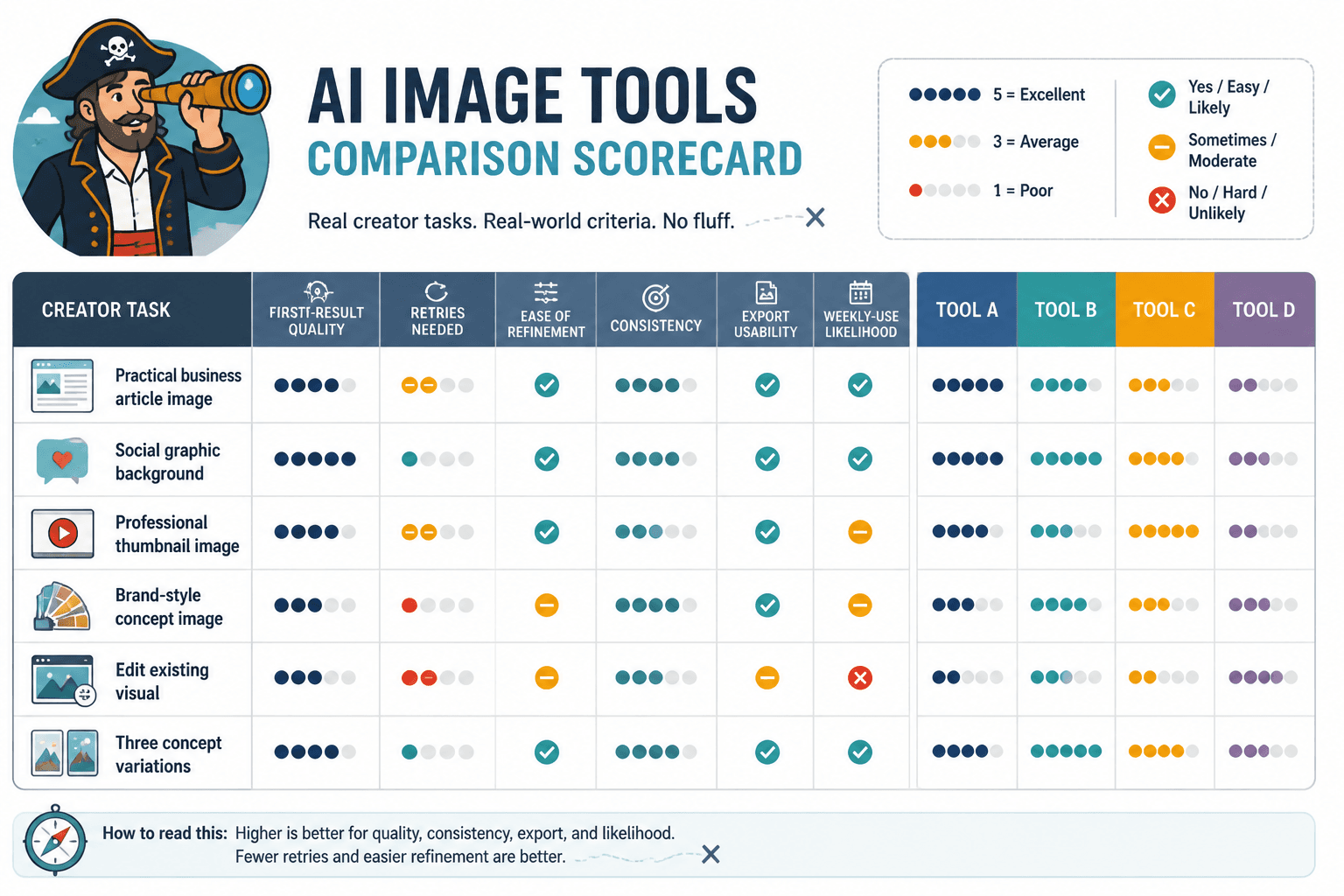 Comparison scorecard for AI image tools across creator tasks