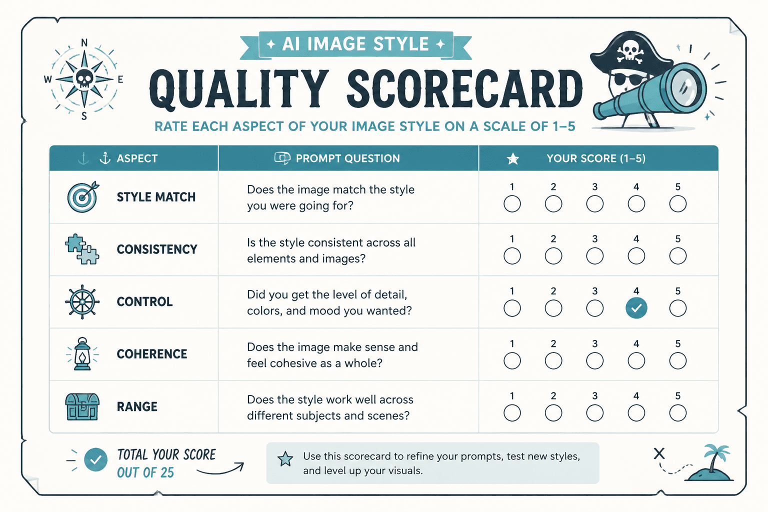 Minimal style quality scorecard with five criteria rated 1–5.