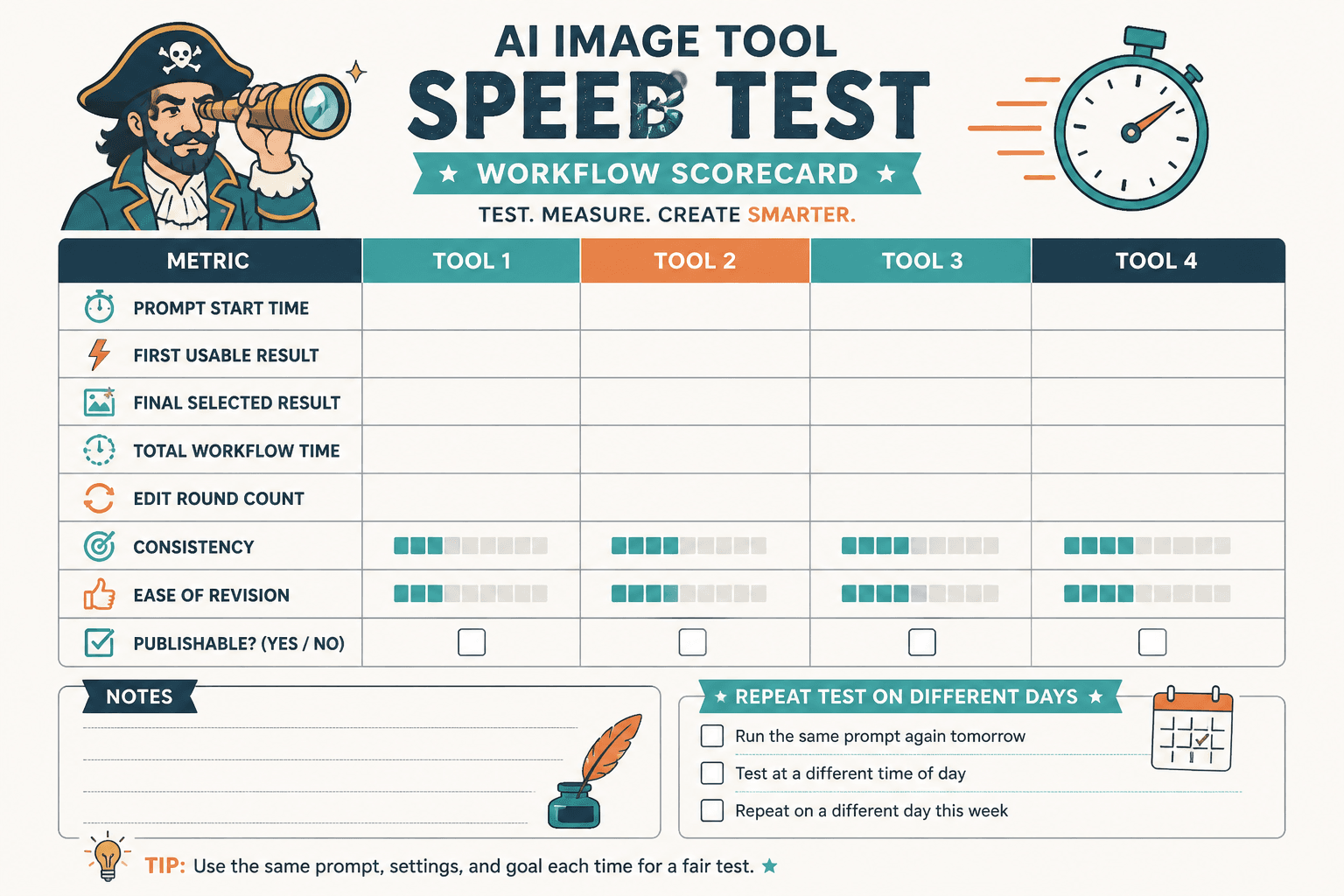 Mock speed test scorecard for comparing AI image tools