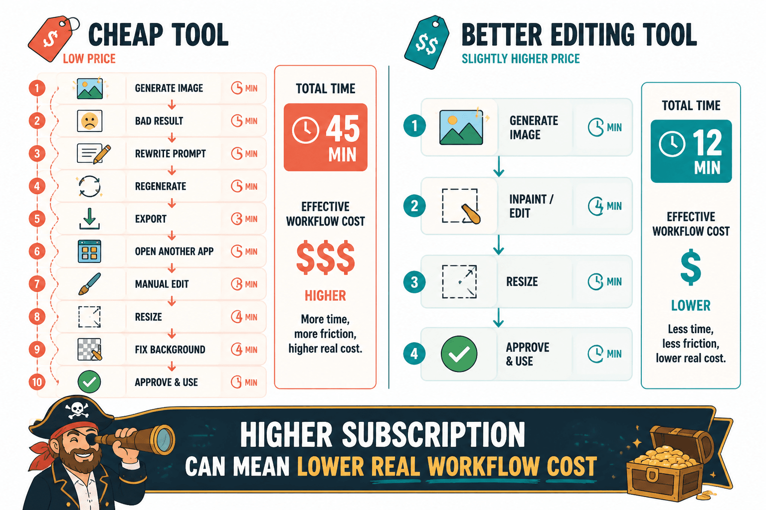 Flowchart comparing a cheap tool with many editing steps versus a pricier tool with a shorter path to final image