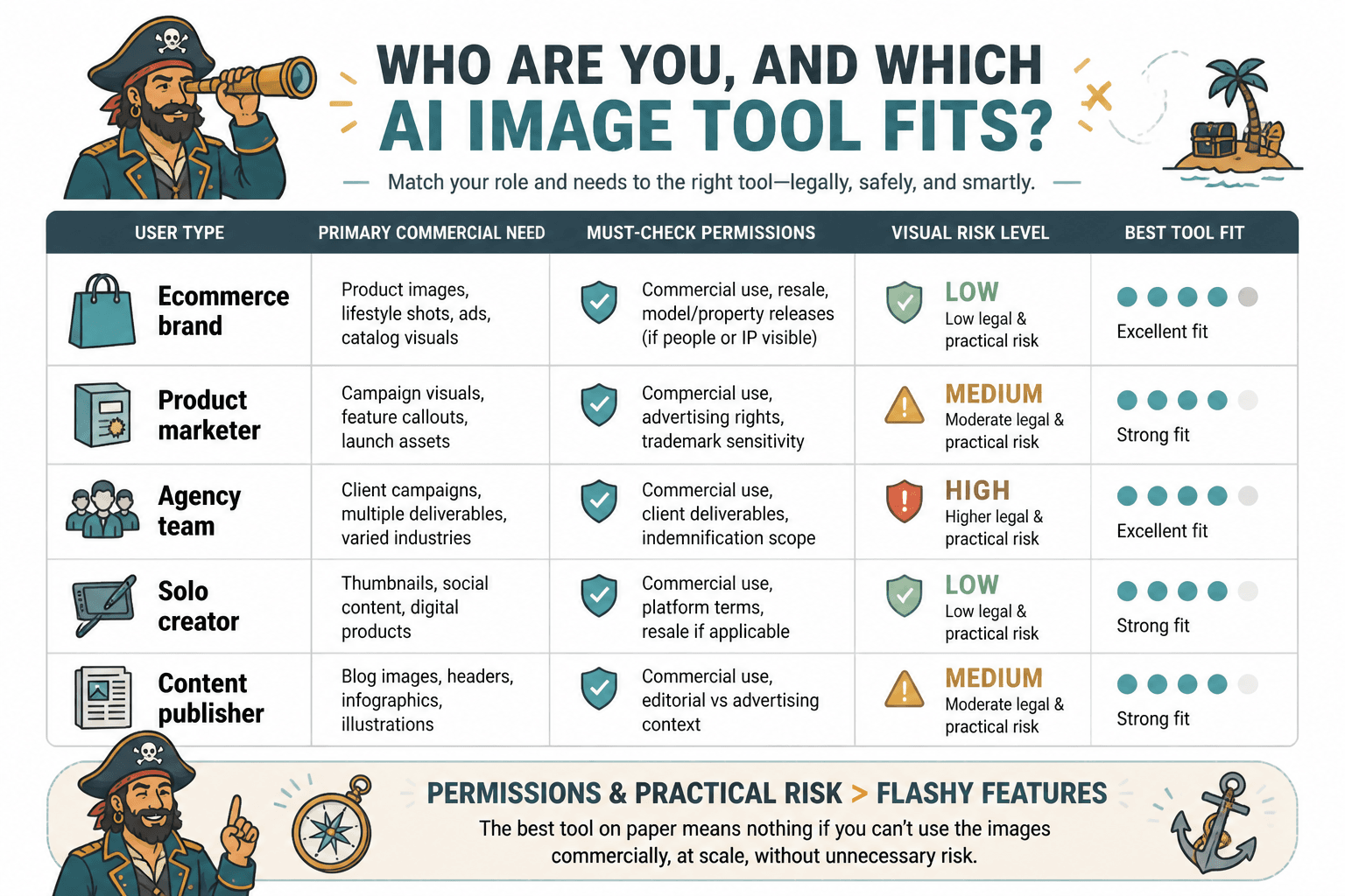 Matrix matching business user types to AI image tool requirements and risk level