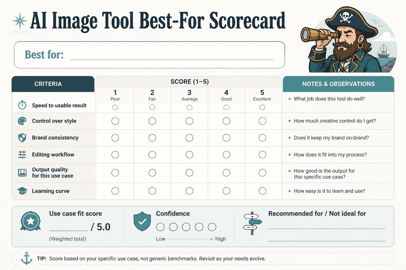 Scorecard template for judging AI image tools by use case