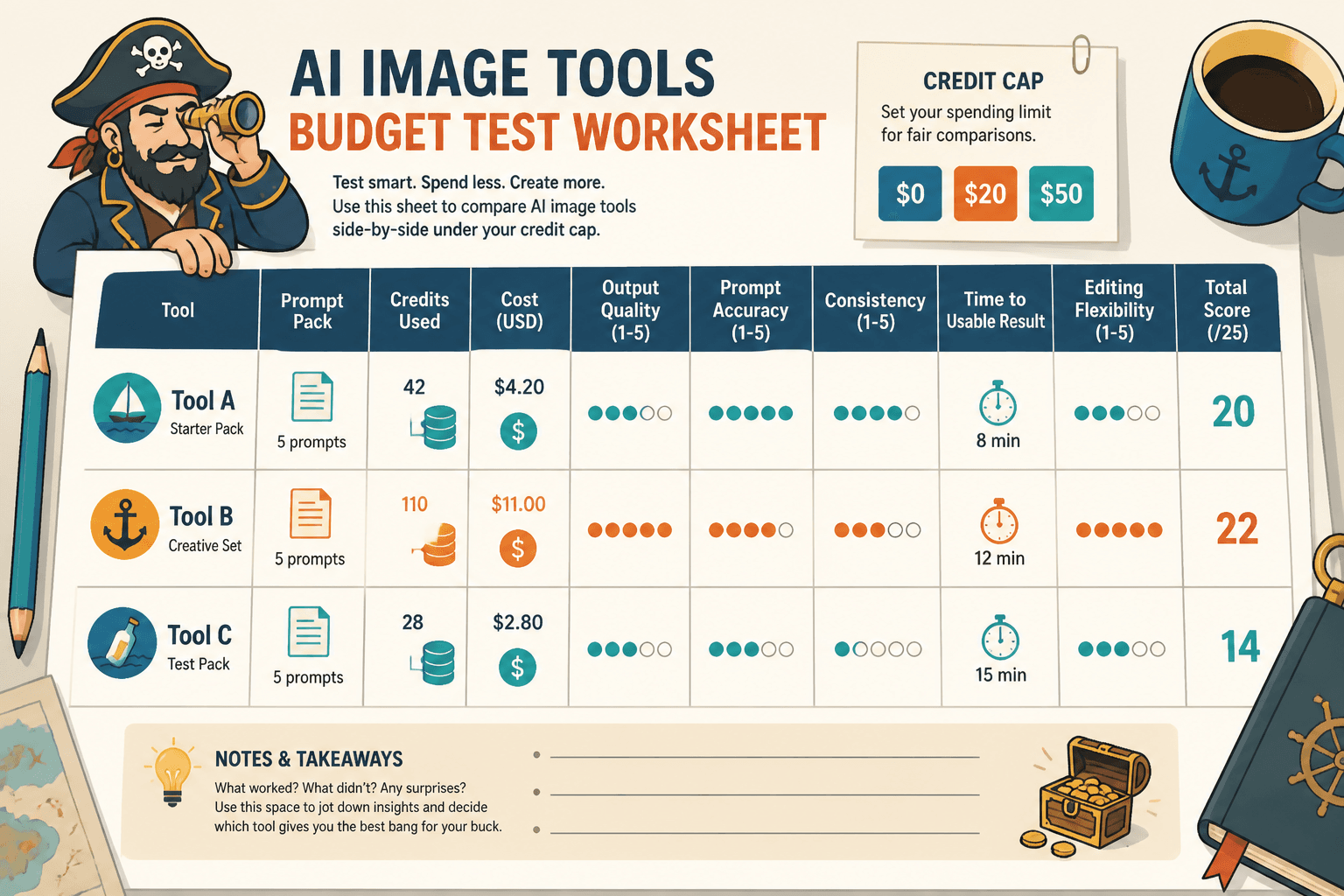 Comparison worksheet table with tools, prompts, credits spent, and score columns