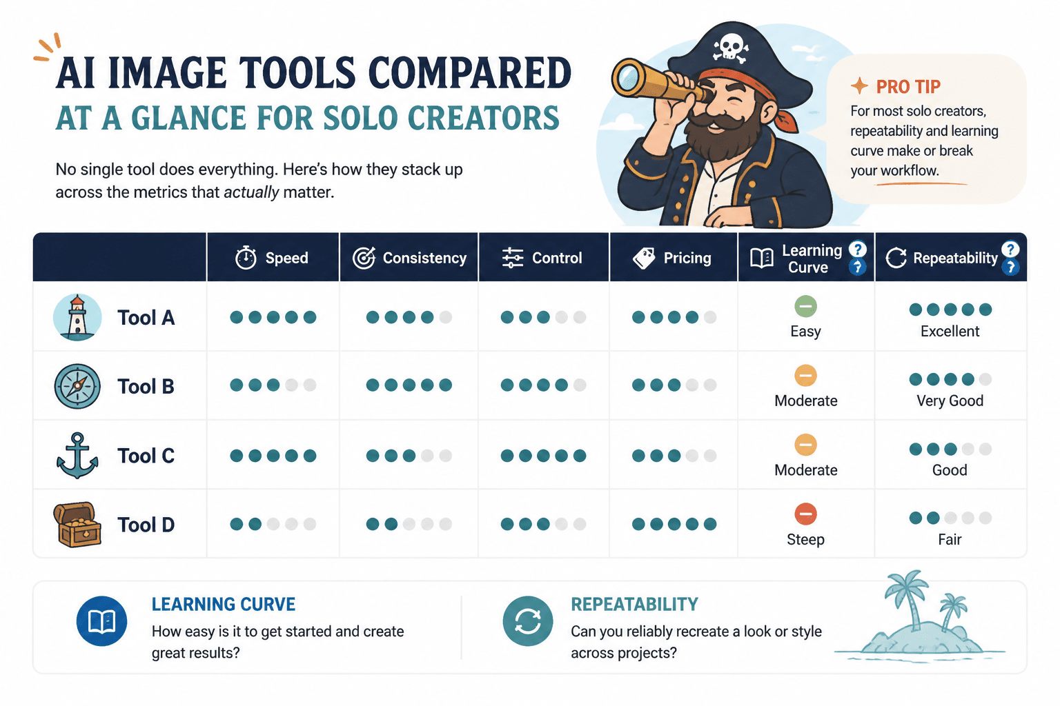 Comparison matrix of solo creator priorities across AI image tools