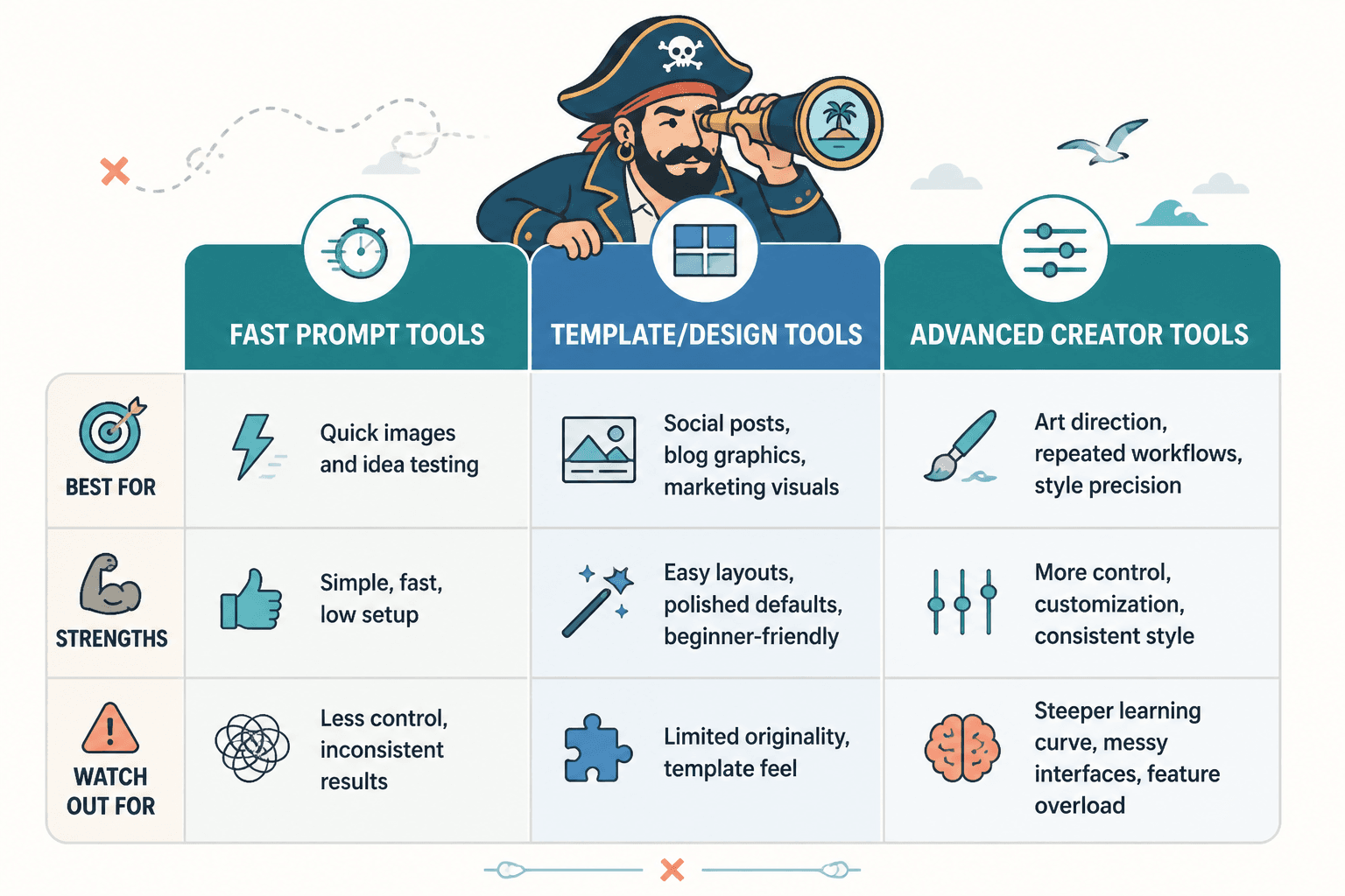 Comparison chart of three beginner-friendly AI image tool categories
