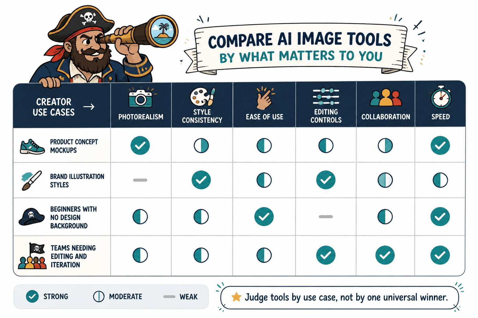 Matrix matching common creator needs to AI image tool strengths