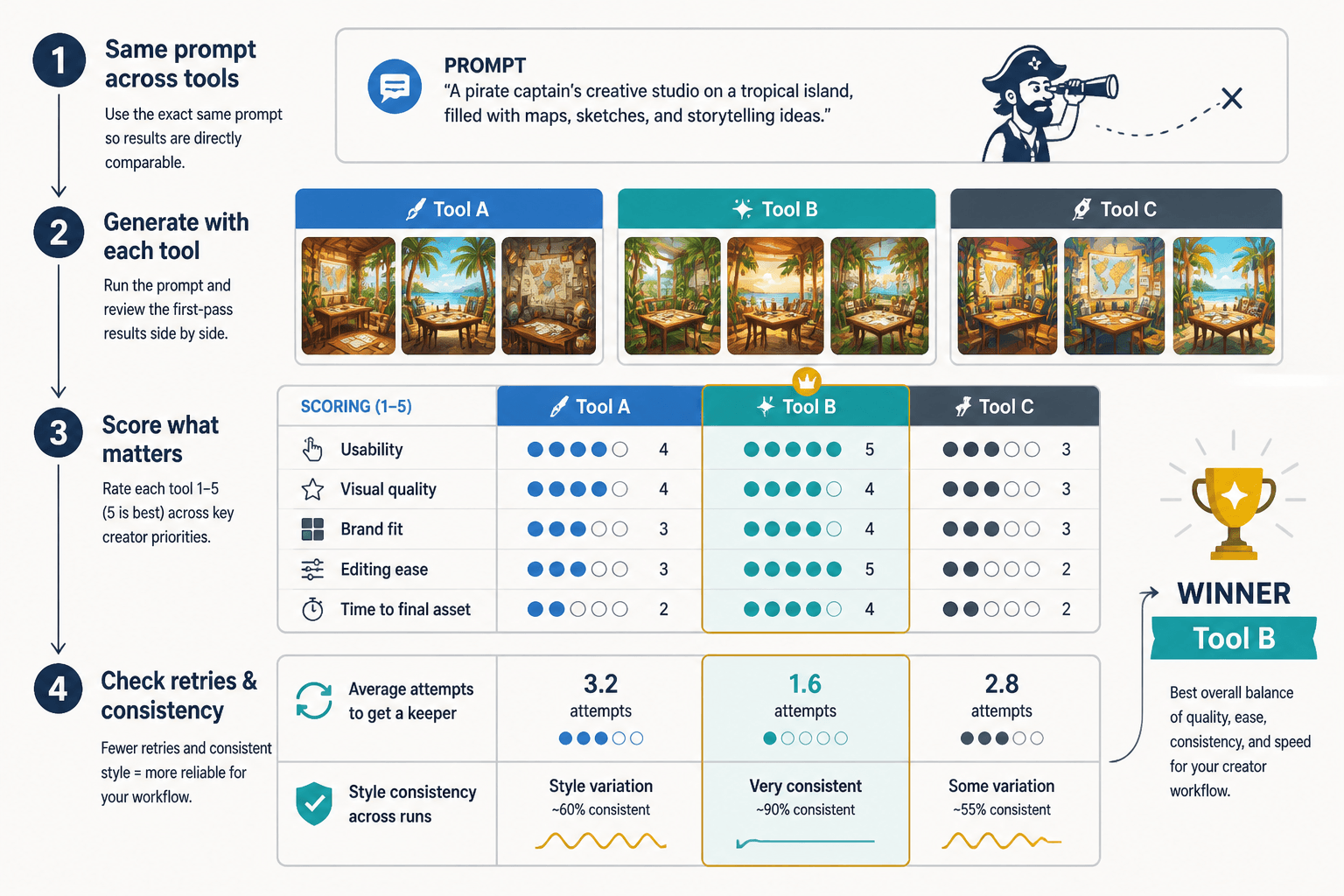 Side-by-side AI image tool test workflow with scores and retry counts