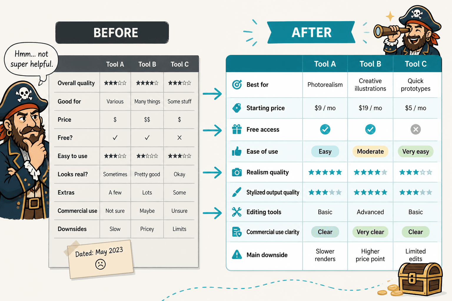 Before-and-after comparison table refresh for AI image tools
