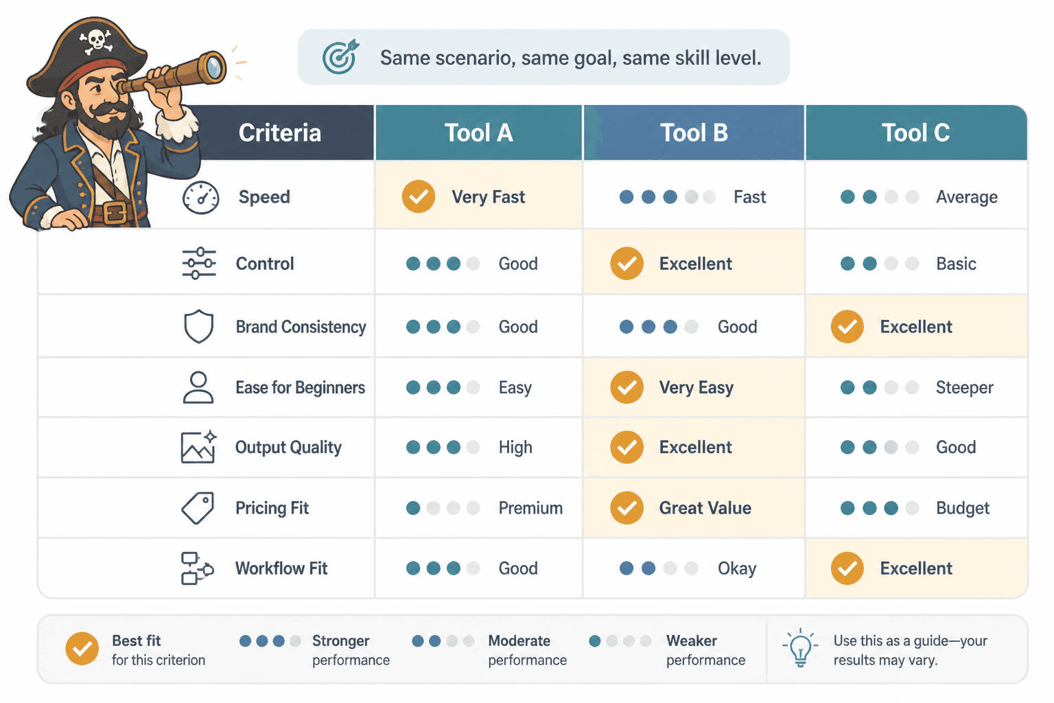 Comparison matrix showing three AI image tools scored across creator-focused criteria in the same scenario.
