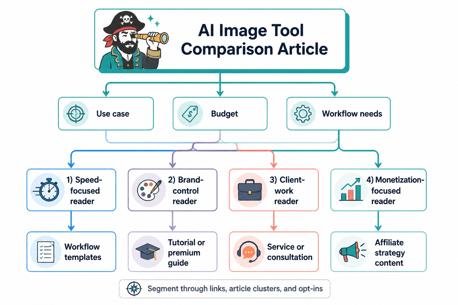 Flowchart showing reader segments from an AI image tool comparison article