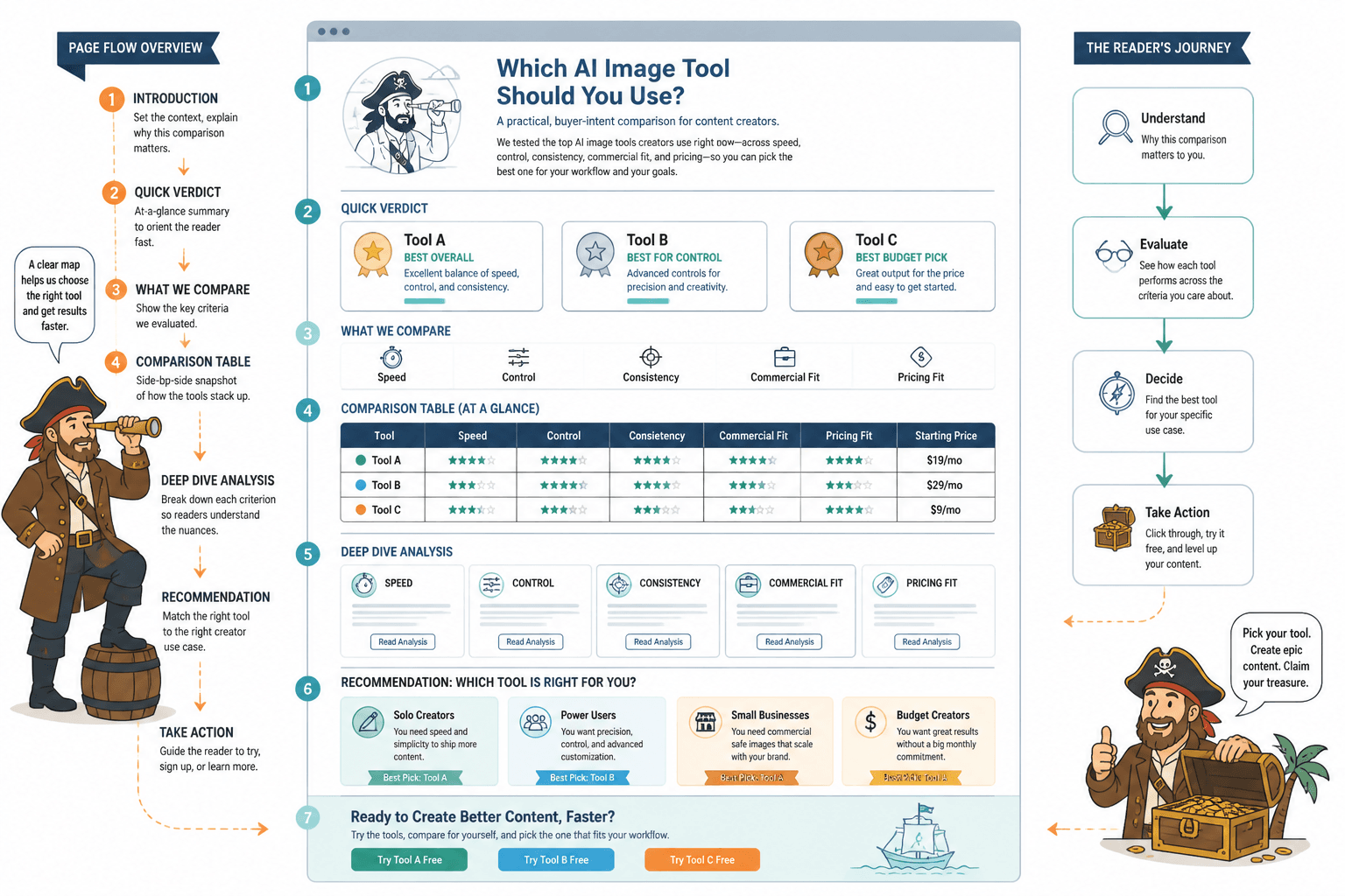 Wireframe of a buyer-intent comparison article layout with criteria, verdict, and CTA flow
