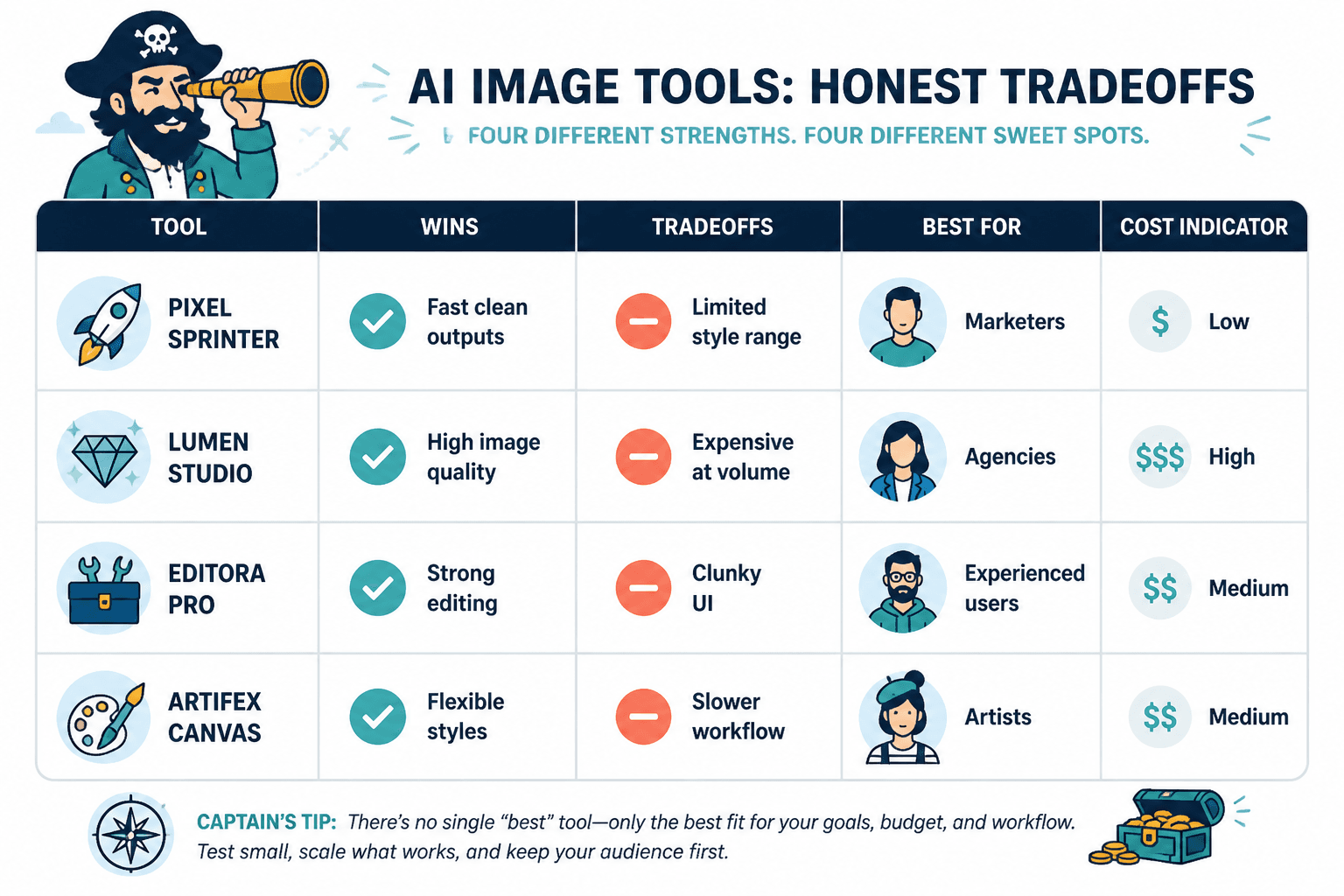 Comparison matrix of AI image tools by strengths, tradeoffs, cost, and best-fit users