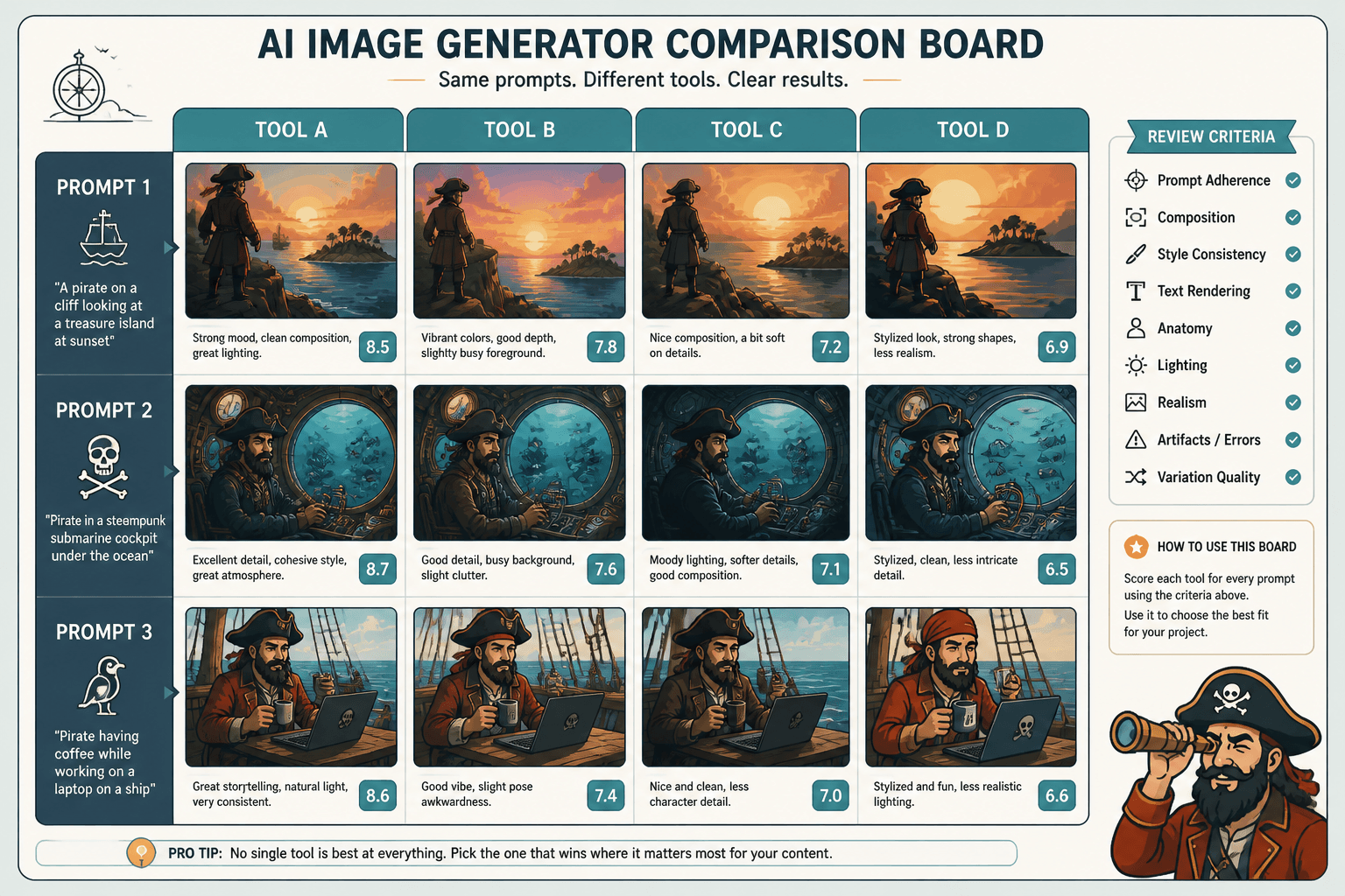Mock comparison board with the same prompt outputs aligned across AI image tools and notes below each image