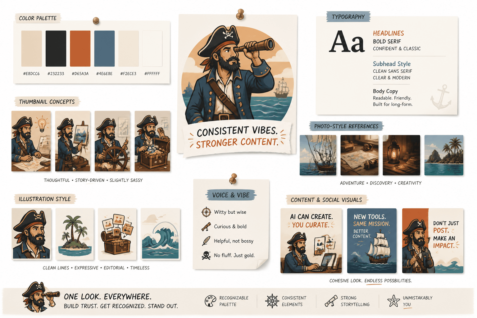 Editorial moodboard with a consistent brand palette and content examples