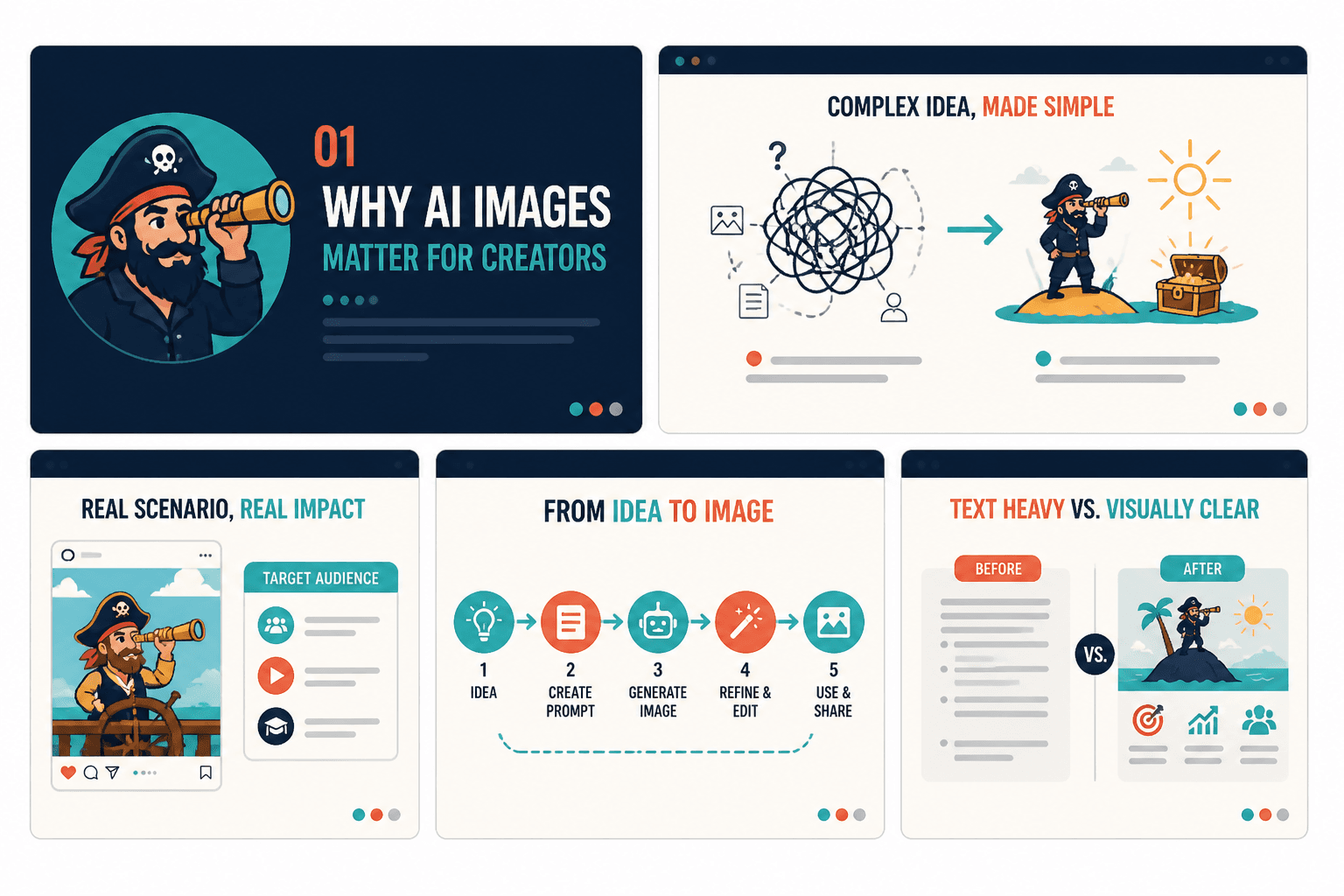 Workshop slide concepts showing how visuals replace dense text