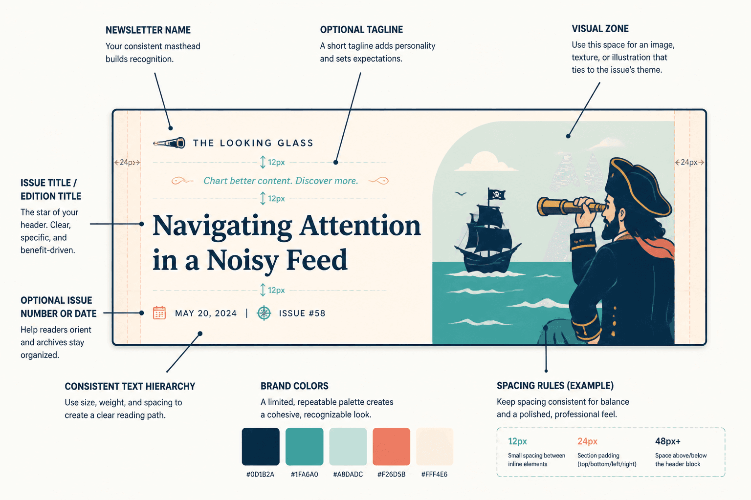 Annotated reusable newsletter header template with labeled title, date, visual area, and spacing