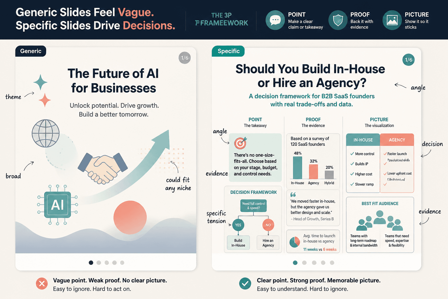 Side-by-side carousel slide mockup comparing generic symbols with specific decision-based visuals