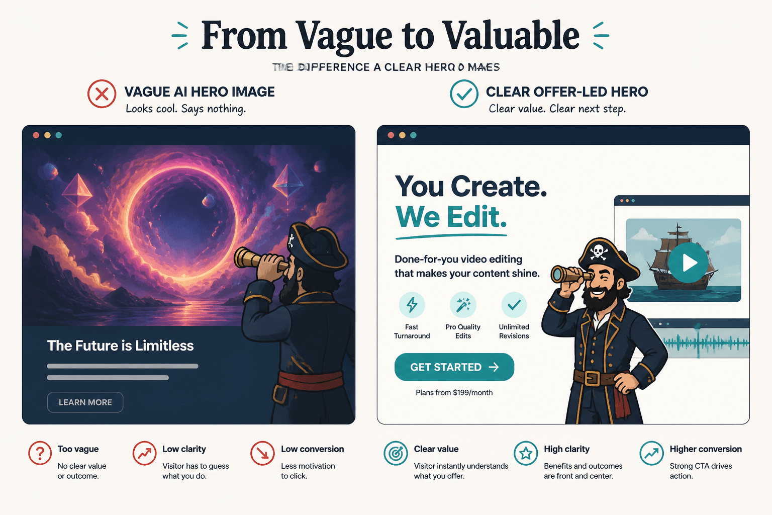 Side-by-side hero section comparison: vague AI scene versus clear offer-led layout