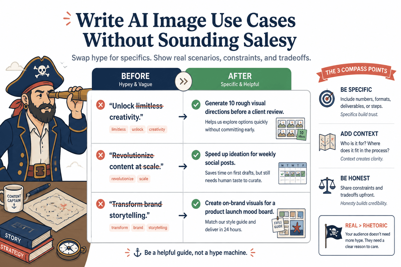 Three before-and-after rewrites showing hype-heavy AI image use cases turned into grounded versions