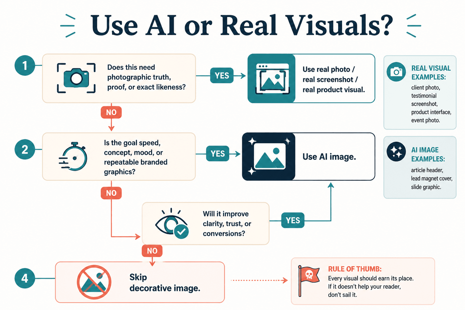 Decision flow for using AI images versus real visuals
