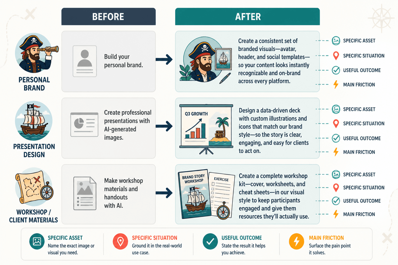 Side-by-side weak and strong AI image use case rewrites