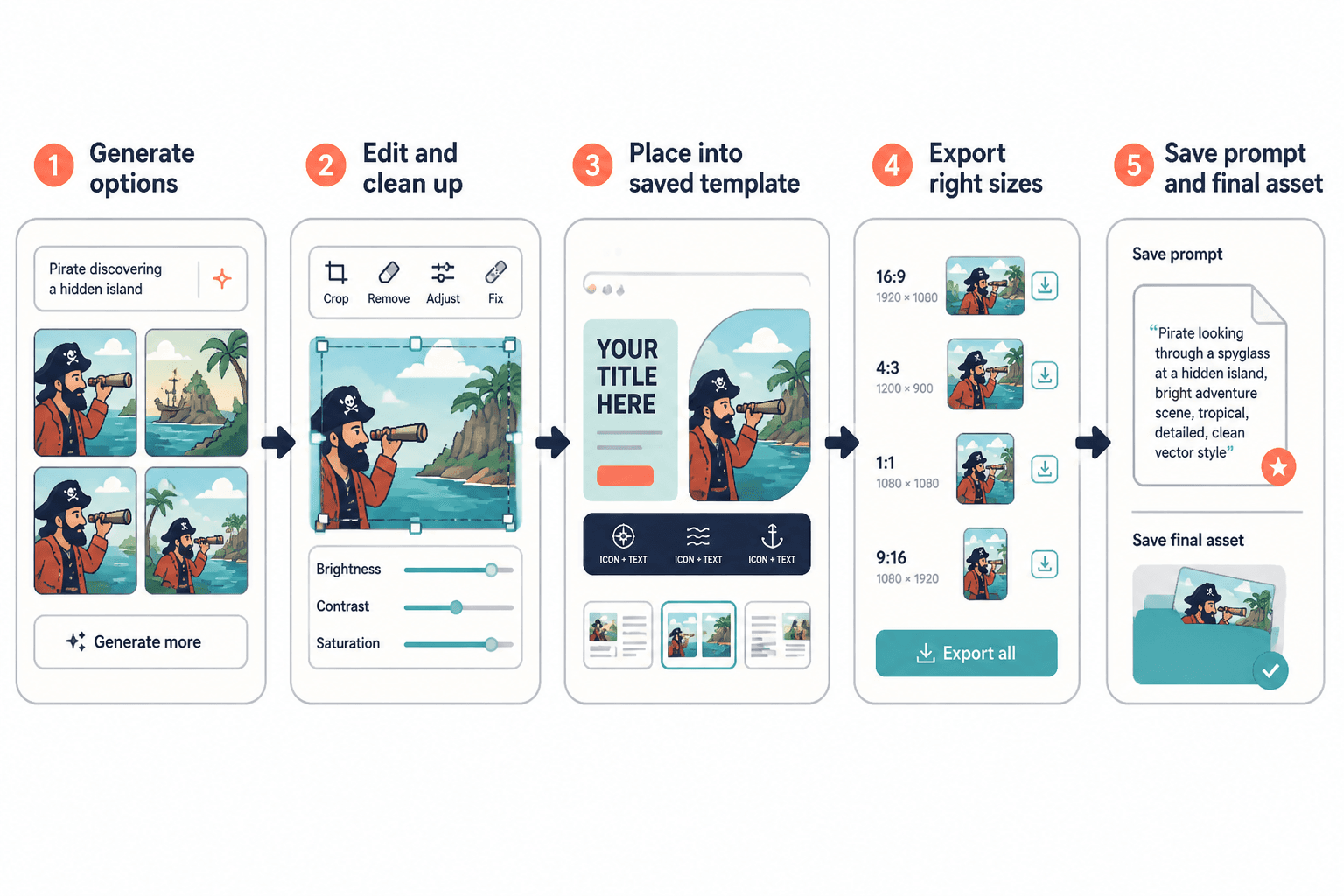 Workflow diagram showing generate, edit, place, export, and save steps
