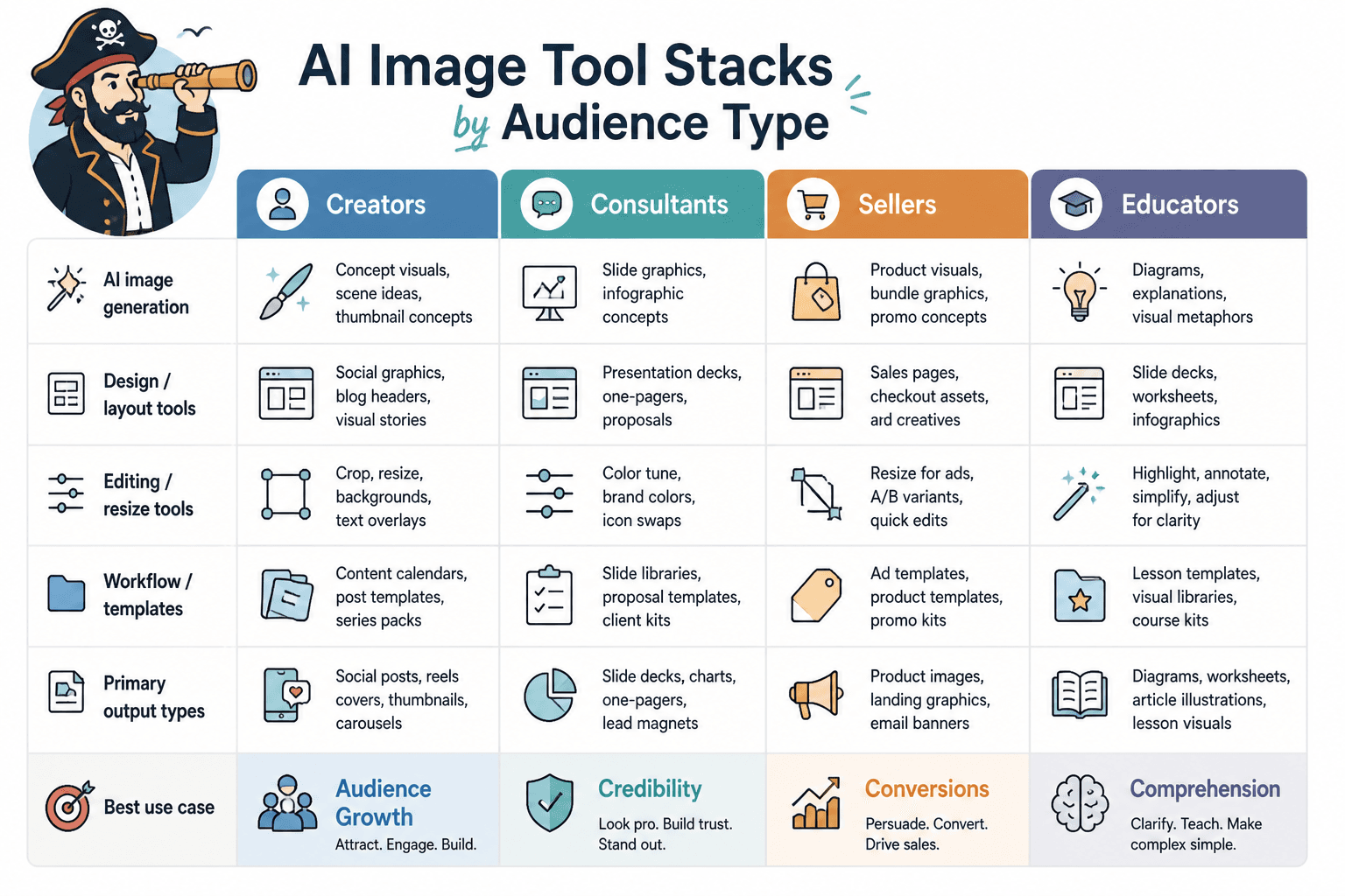Comparison chart of tool stacks for creators, consultants, sellers, and educators