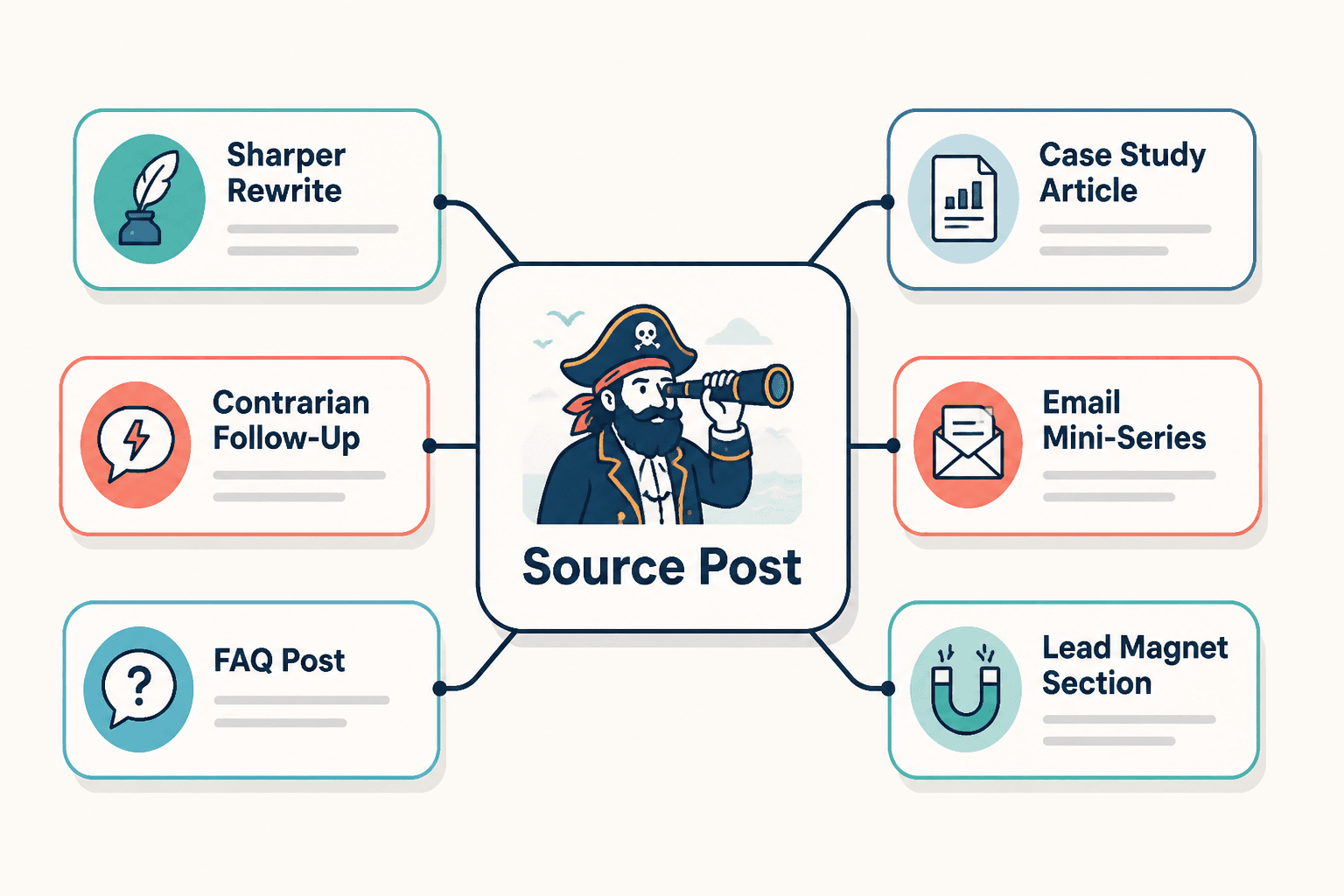 Content map showing one source post expanded into six creator content formats