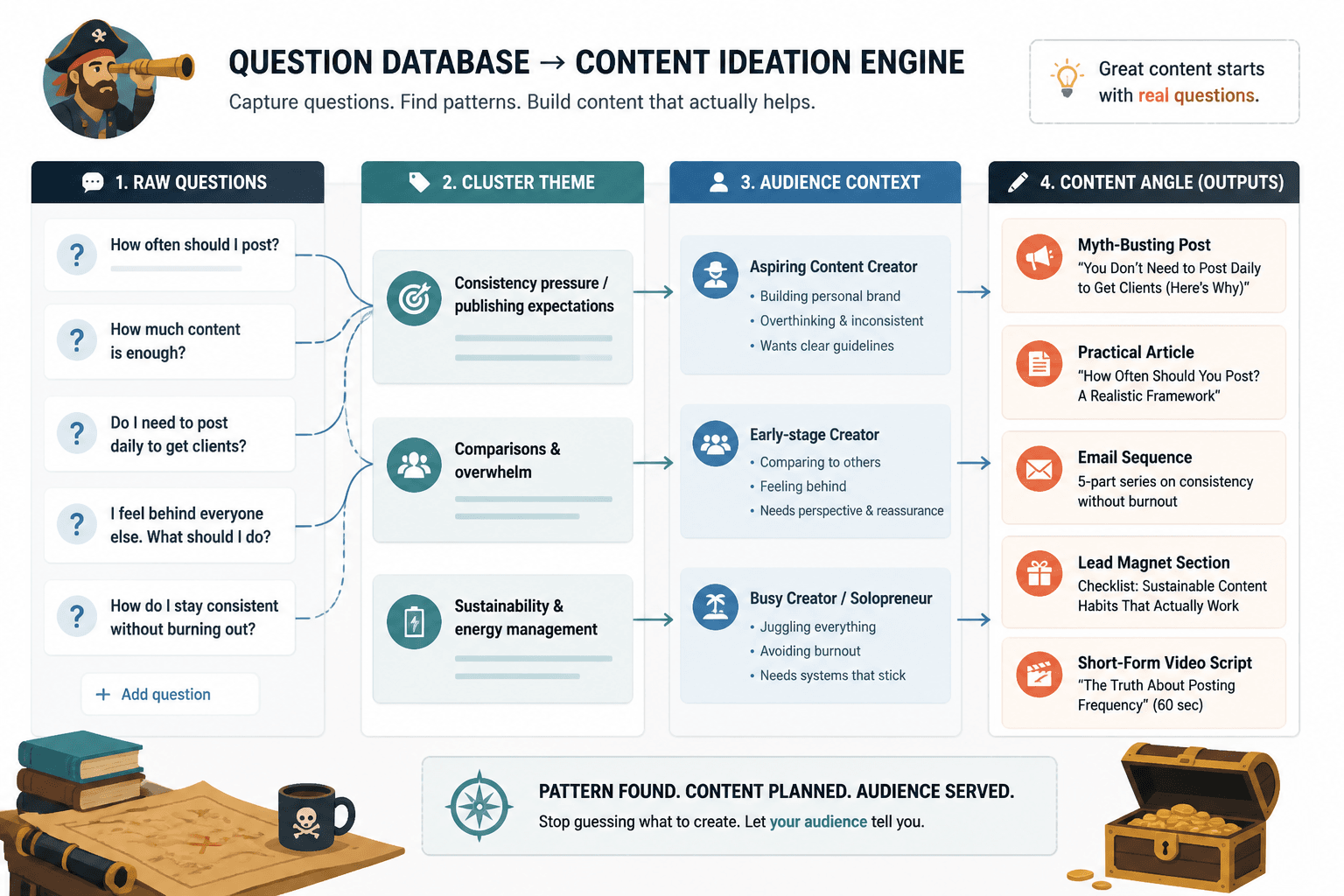 Mock question bank with grouped columns and content ideas