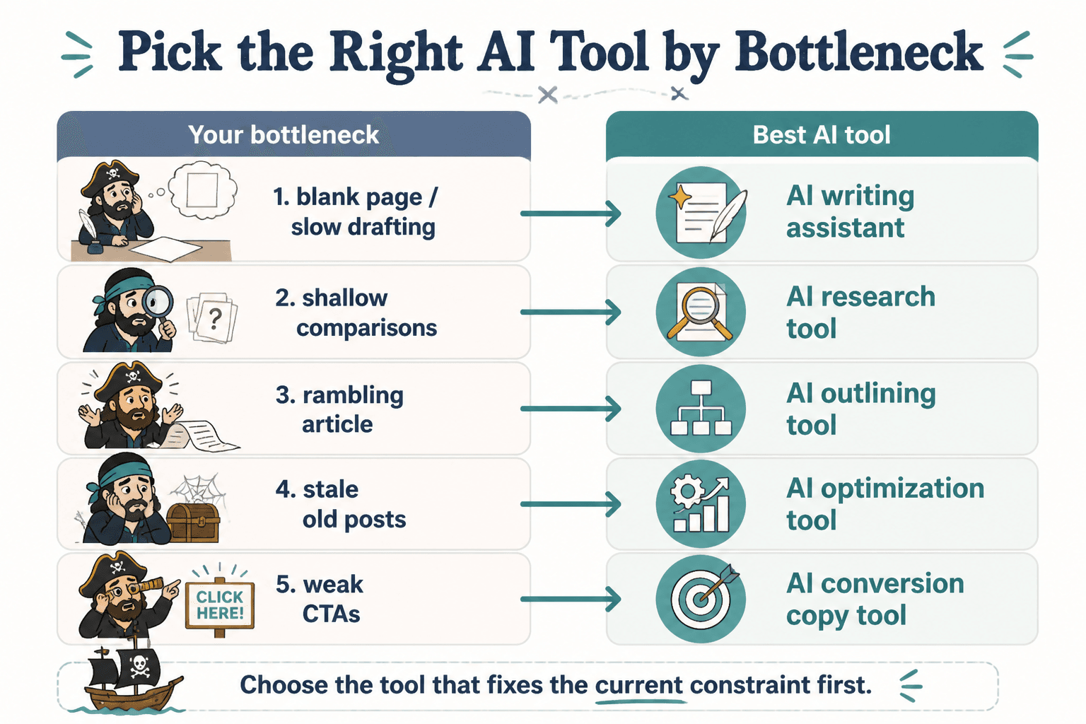 Matrix matching common affiliate content bottlenecks to the right AI tool type