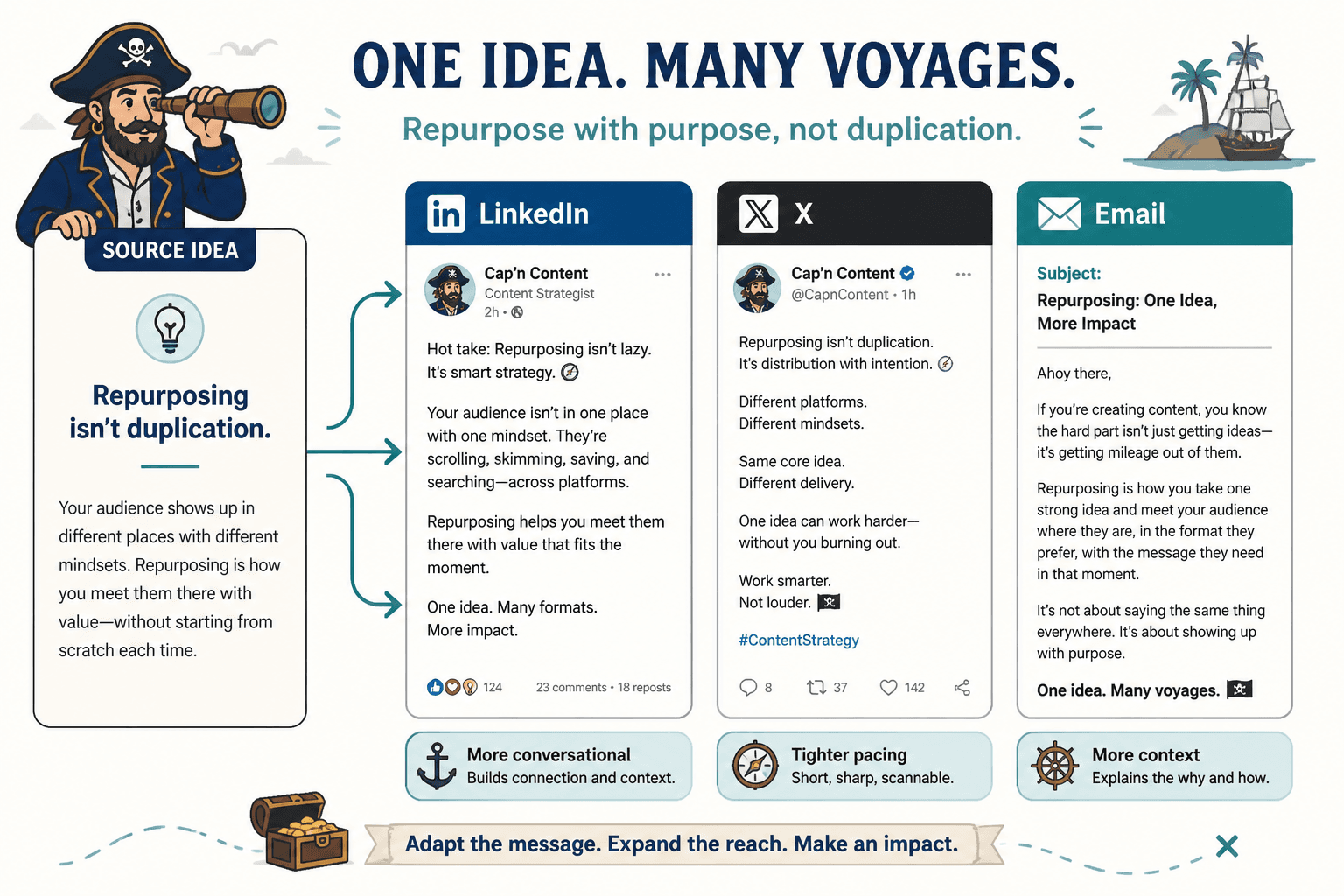 Side-by-side example of one idea adapted for LinkedIn, X, and email