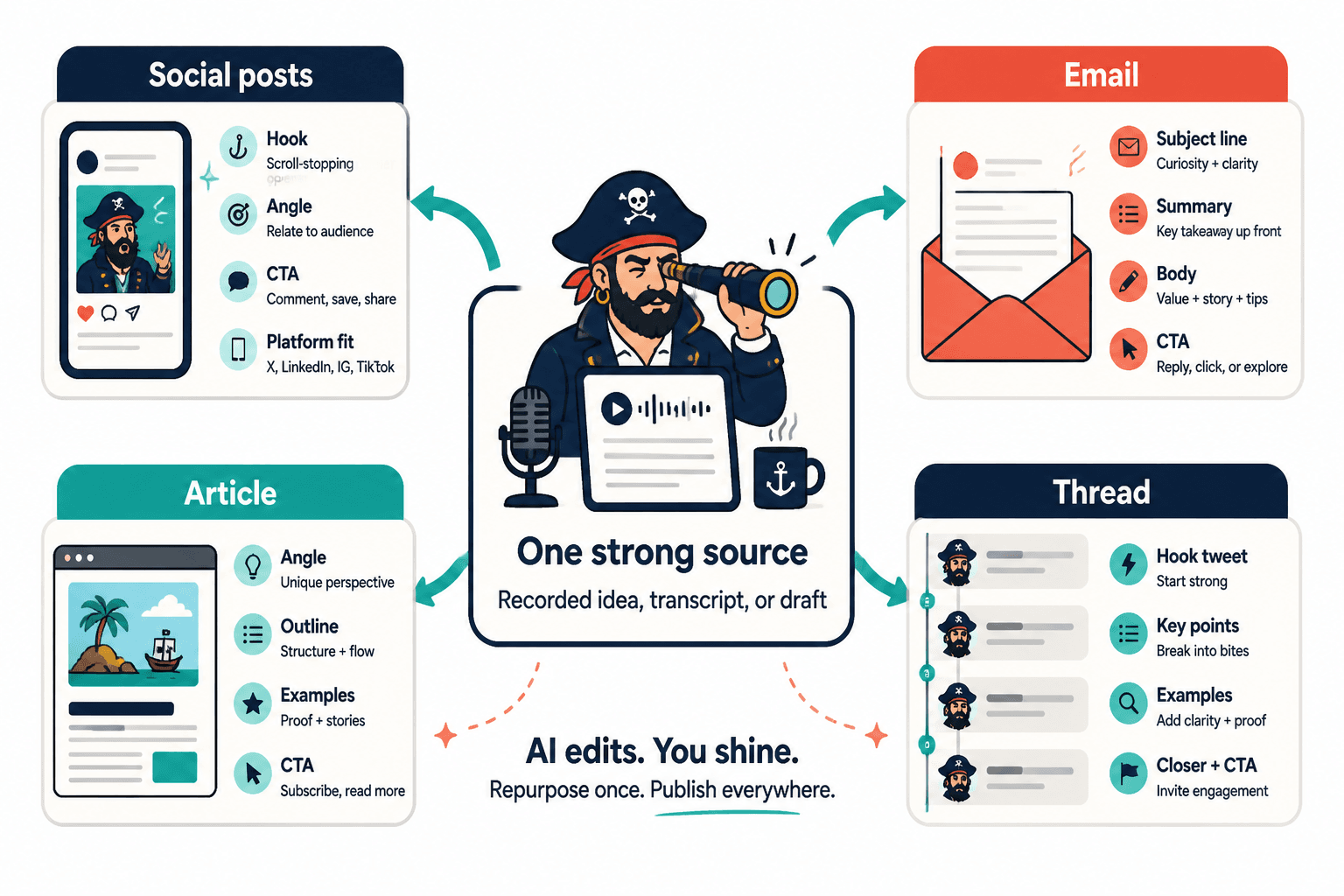 Diagram showing one source content asset branching into post, email, article, and thread formats.