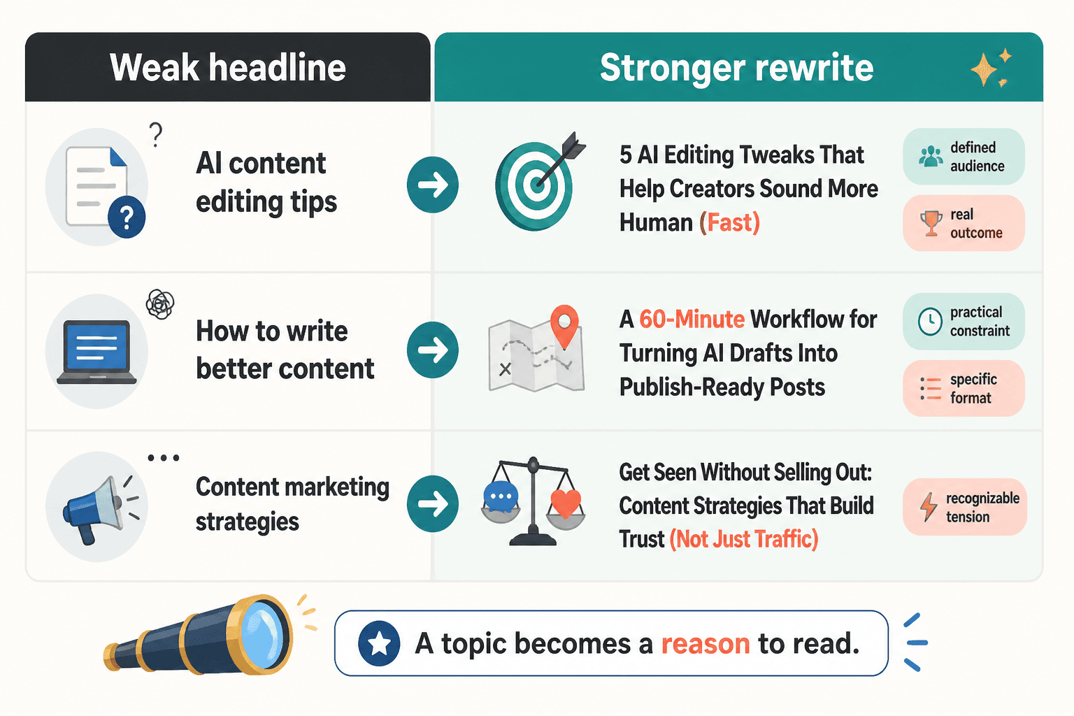 Side-by-side comparison of weak and strong rewritten headlines with notes on what improved