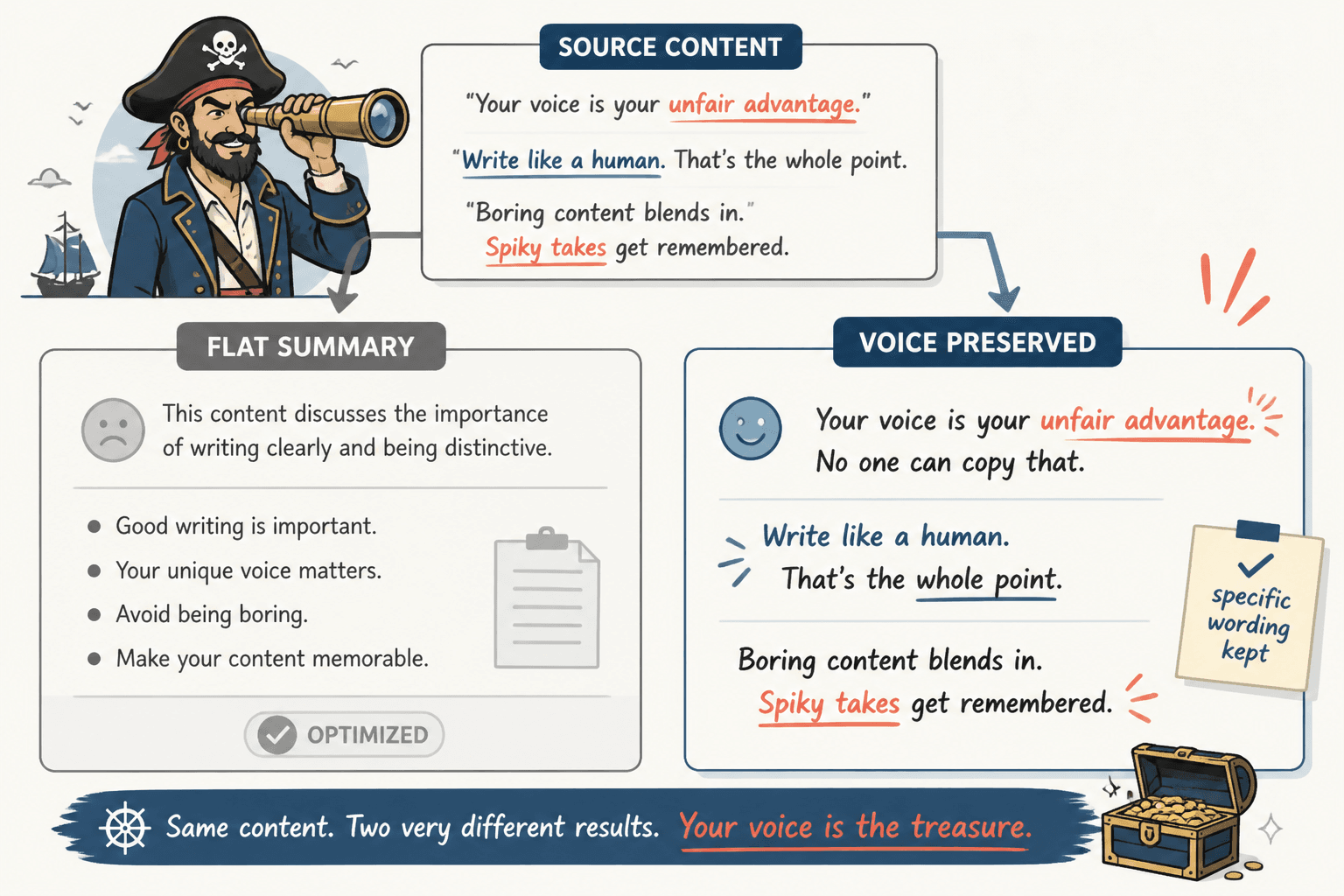 Side-by-side summary example showing flat generic wording versus preserved creator voice.